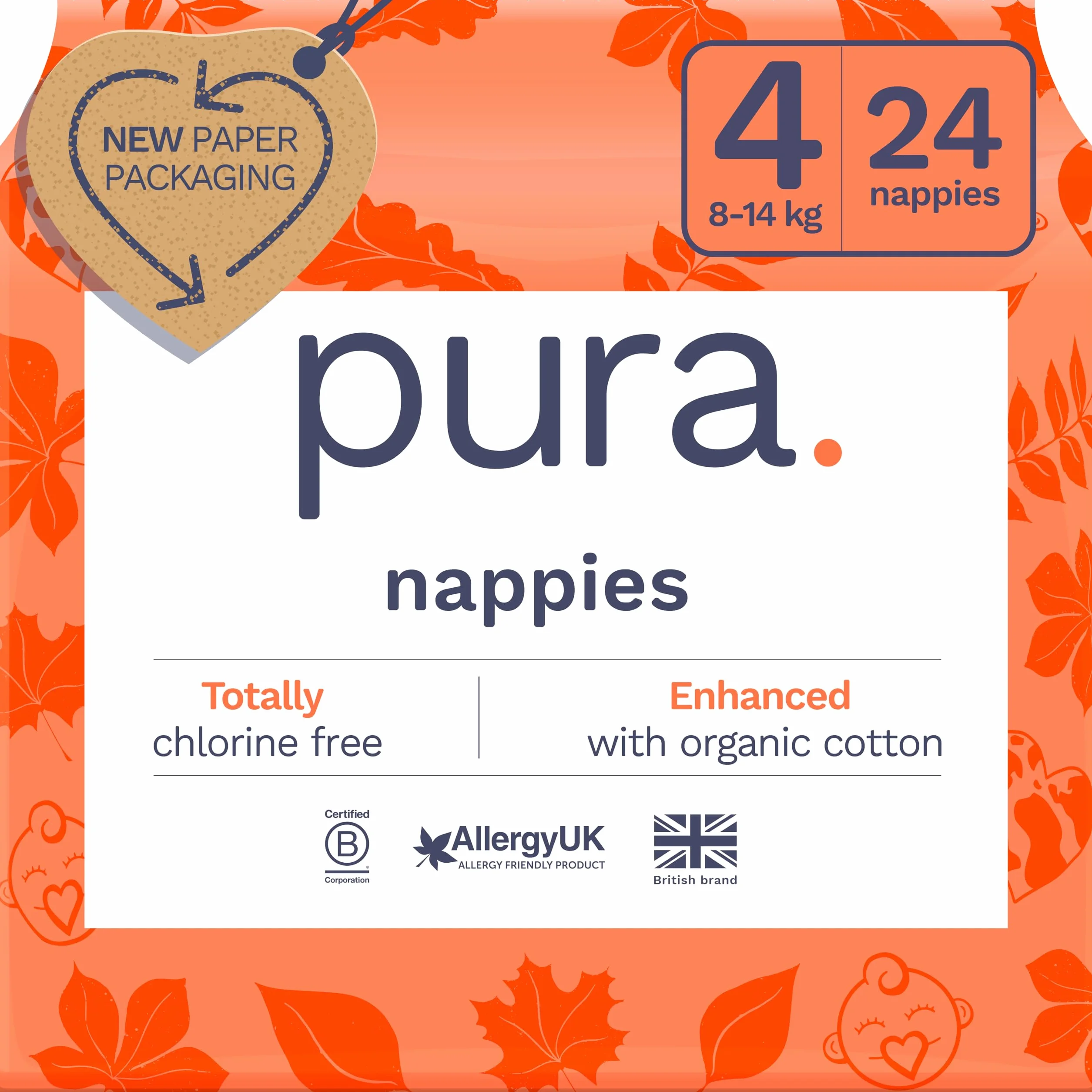Pura Pannolini Ecologici Taglia 4 (8-14kg), 1 Confezione (24 Pezzi), Ultra Morbidi per Pelle Sensibile, Cotone Organico, 12 Ore di Protezione dalle Perdite