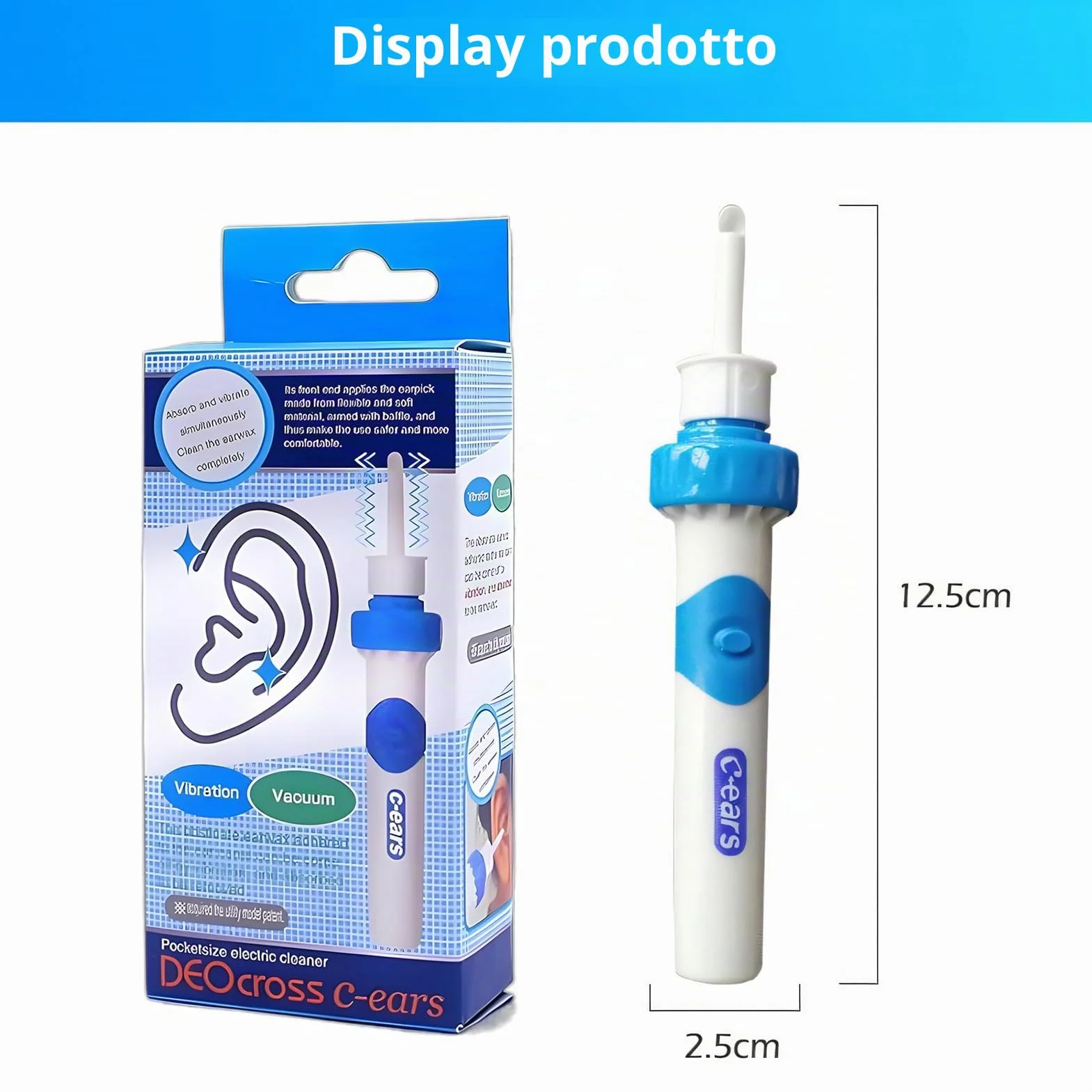 Aspiratore Cerume Orecchie Elettrico Pulisci Orecchie con Aspirazione, 2 Testine Silicone + Spazzolina, pulizia orecchie adulti bambini, aspiratore di cerume, funziona con Batterie AAA