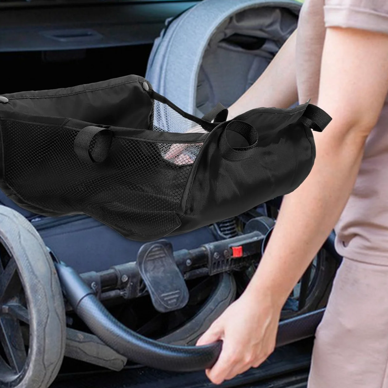 KOMBIUDA Cestino portaoggetti per passeggino in tessuto Oxford, facile organizer con grande capacità per bottiglie e piccole parti, pratico cestino inferiore per passeggini, 11,81 x 10,04 x 5,91 cm