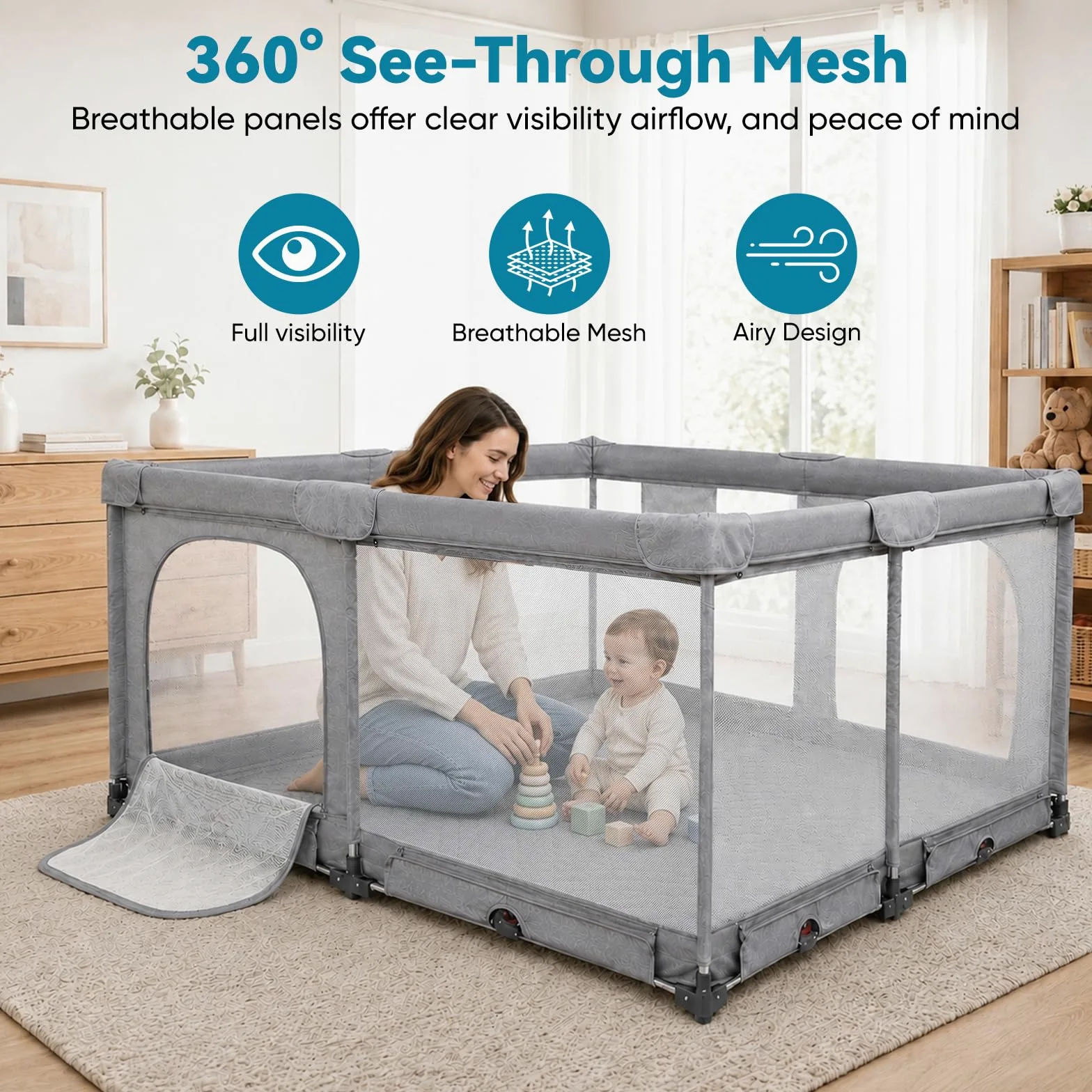 Box Pieghevole per Bambini 180 x 150 cm con Rete Traspirante | 2 Ingressi Laterali, Bordi Morbidi, Interno ed Esterno, Senza Montaggio, Anelli per Trazioni