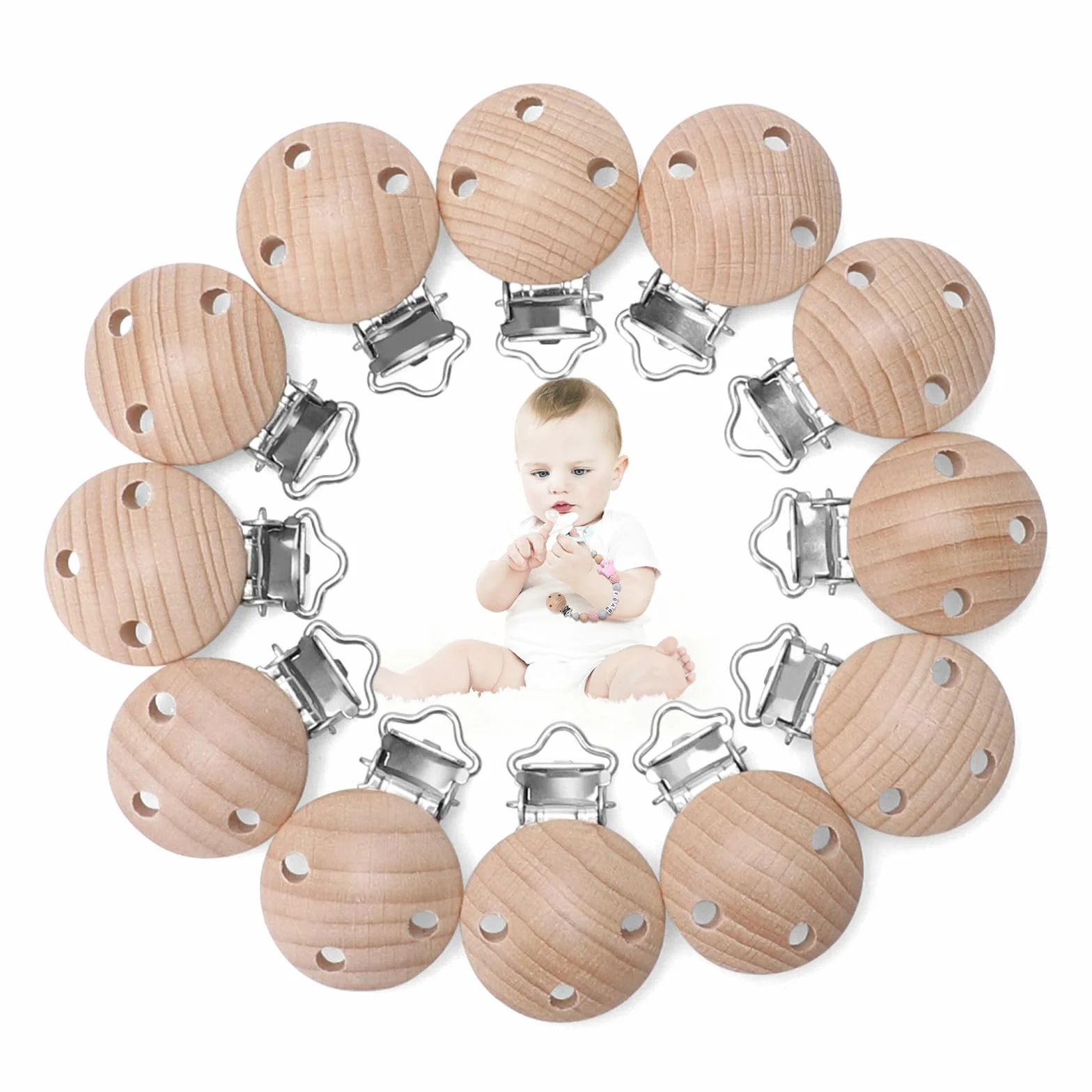 Kigniote 12 pezzi ciuccio clip di legno, bambino ciuccio catena clip ciuccio clip impedisce cadere o perdere il ciuccio ciuccio catena accessori per il fai da te ciuccio catena Crafting
