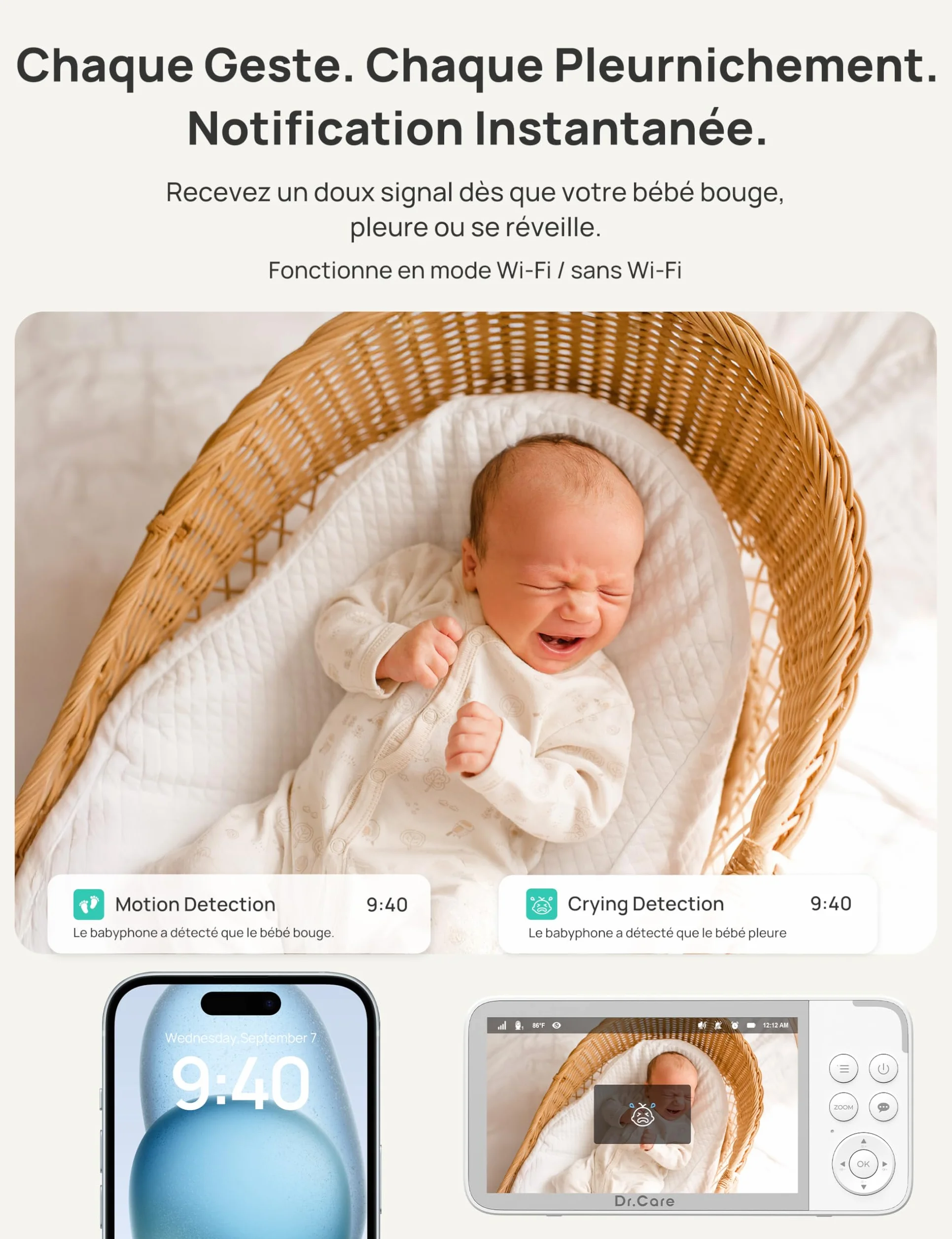 Dr.Care VistaView Baby Monitor Video e Audio con 2 Fotocamere Smart WiFi, 5”1080P Schermo Diviso, Telecamera 2K/3MP, Batteria 5000mAh, Visione Notturna, Allarmi Pianto, Sicurezza Tripla, Portata 390m