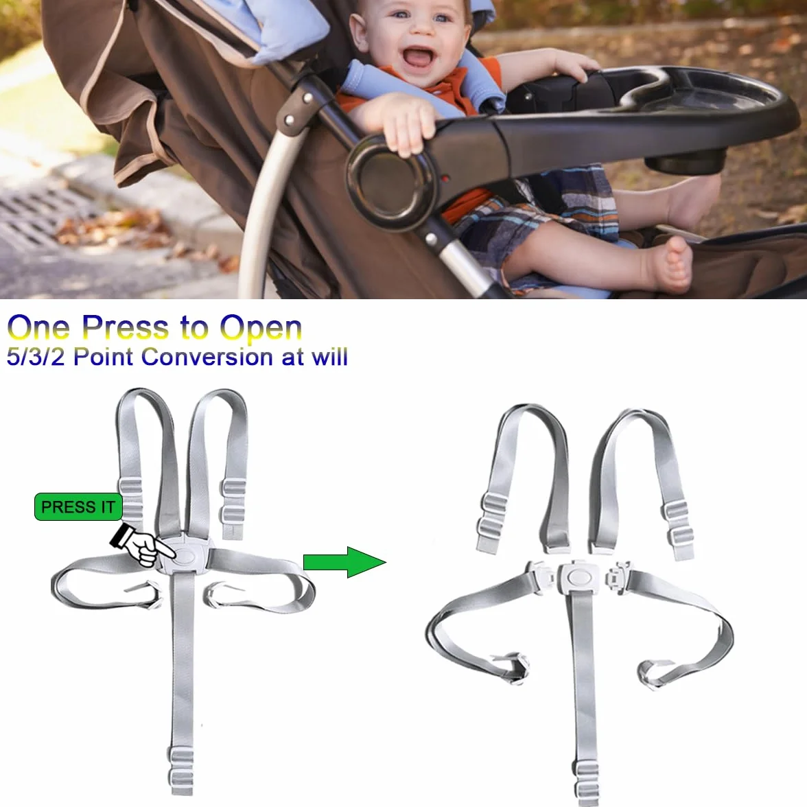 Cintura di Sicurezza, Imbracatura per Seggiolone, Cinture Universali per Seggiolone, 5 Punti Regolabile Cintura per Passeggino, per Seggiolone/Passeggino Attacco per Passeggino