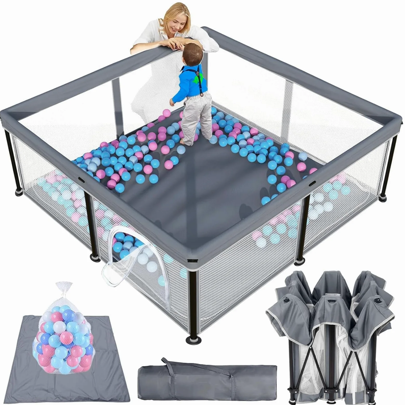 Box per bambini, 120 x 120 cm, con 2 anelli, con rete traspirante e chiusura lampo, colore: grigio scuro