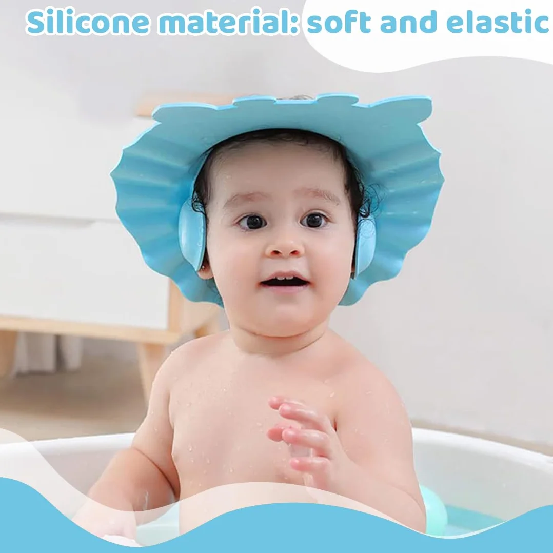 2 cuffie da doccia per bambini con protezione per le orecchie, ausili per lo shampoo, cuffie per il lavaggio dei capelli dei neonati (disegno con orso blu).