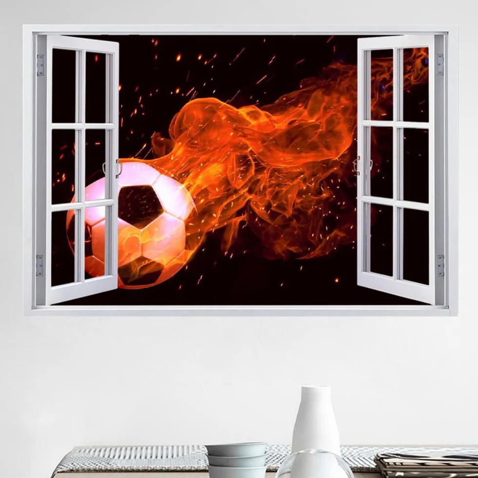 Adesivi Murali Decalcomanie Murali, Calcio Wall Tattoo 3D Fracassato, Fuoco Per La Casa Soffitto Da Parete Decorare Le Decorazioni Della Camera Da Letto Dei Bambini 120x80cm
