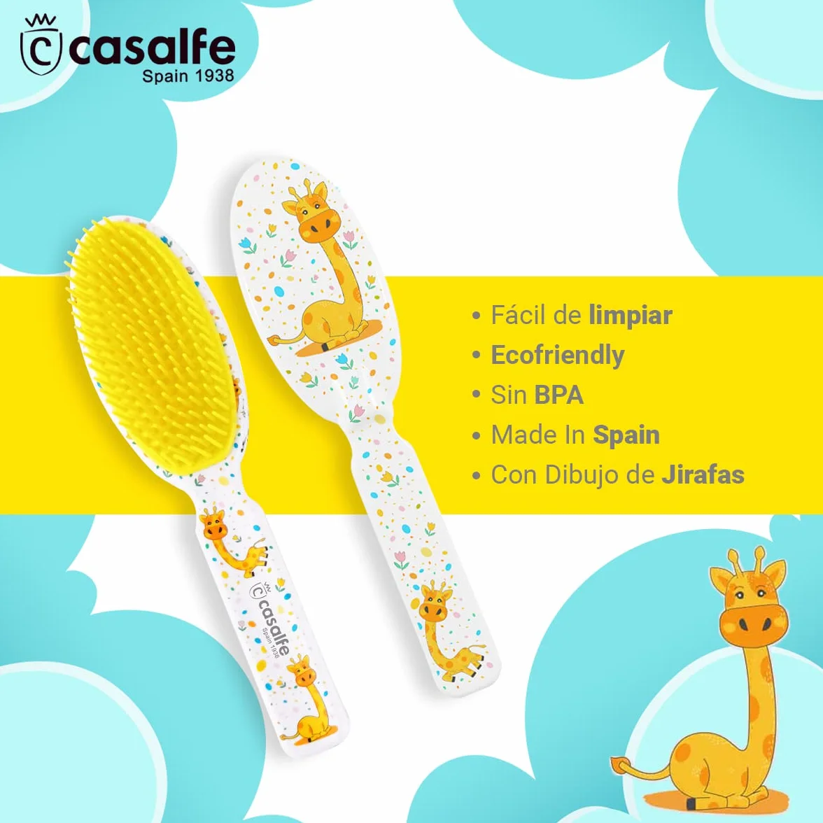 Spazzola per capelli per bambini dai 9 ai 17 mesi - con plettri morbidi e flessibili - ideale per pulire la crosta del latte senza dolore o disagio - senza BPA - con disegno di giraffe - Ecofriendly -