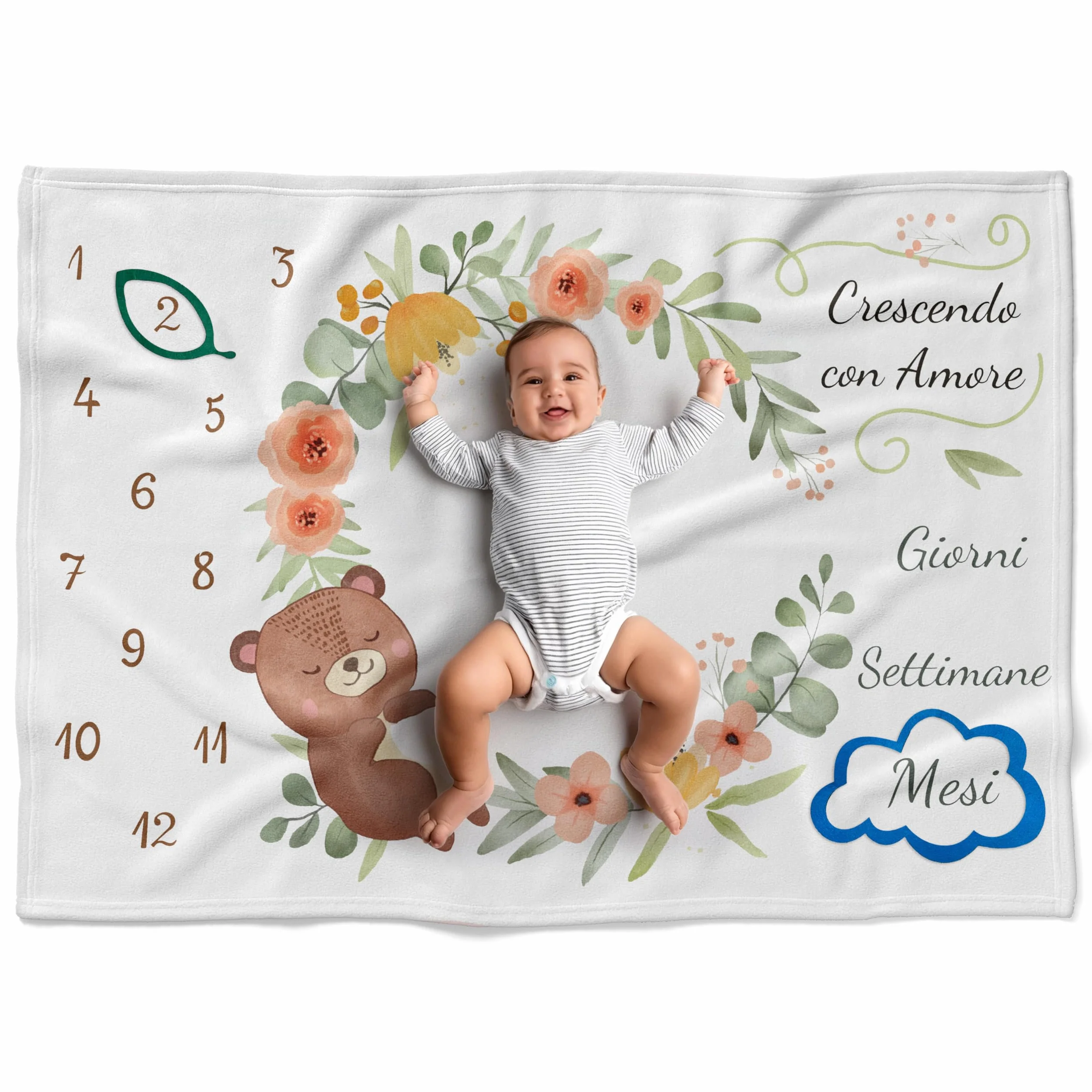 Coperta Mesi Neonato per Foto in Italiano Unisex - Tappeto Complimese Neonata Crearicordi - Idea Regalo Nascita Bimbo Indispensabile per Neogenitori (Orsacchiotto)