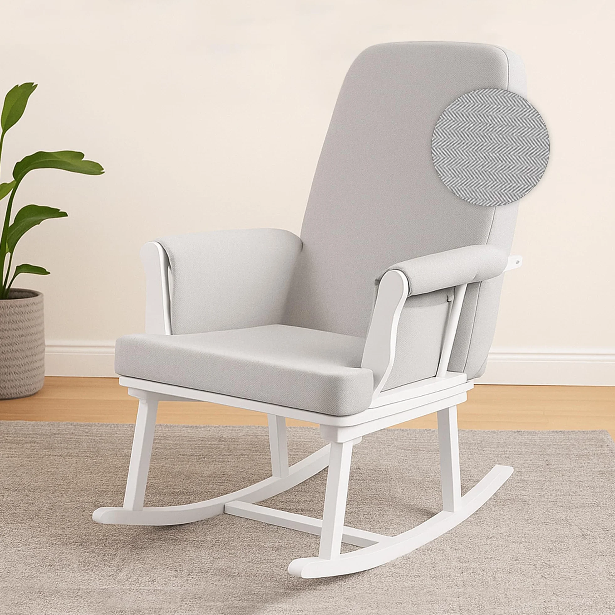 KUB Haldon - Sedia a dondolo compatta per allattamento, design salvaspazio, perfetta per piccoli asili, morbido tessuto effetto lino, tasche portaoggetti, certificazione di sicurezza (zigzag bianco e