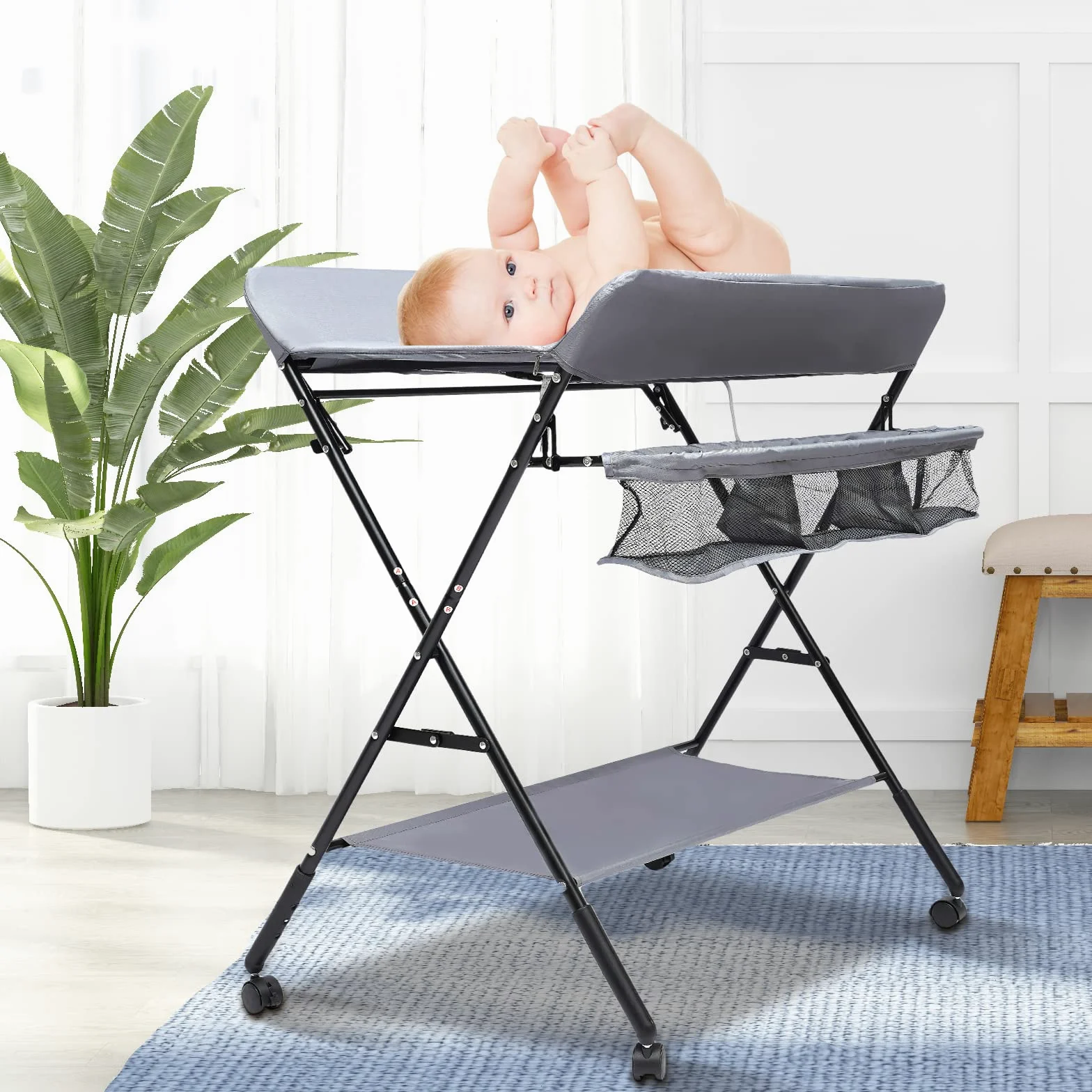 Fasciatoio pieghevole, fasciatoio portatile con fasciatoio, cintura di sicurezza e scomparti, salvaspazio e stabile, adatto per bambini sotto i 25 kg o 0-1 anni (grigio)