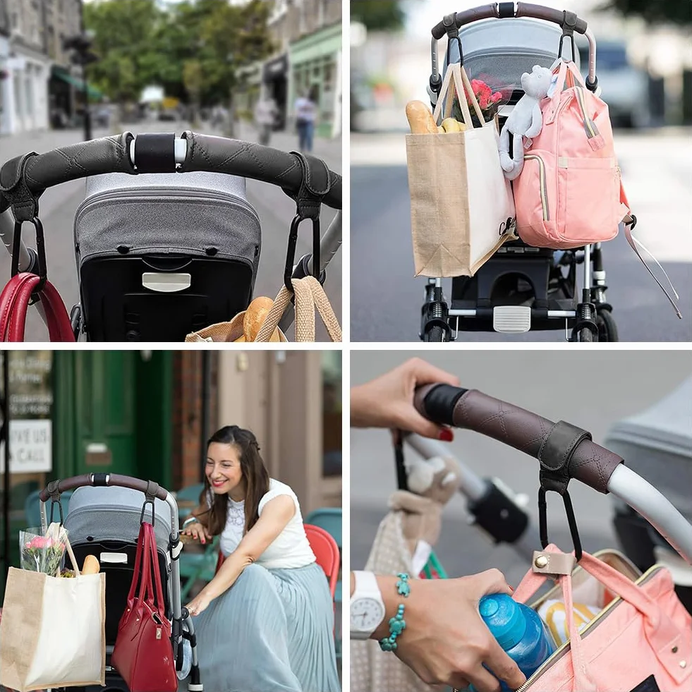 Ganci per Passeggino,Ganci Passeggino Universali,Ganci per Passeggino Porta Borse,Gancio per passeggino in Pelle,Gancio per Passeggino Portatile,Ganci Borsa Passeggino 2 Pezzi Nero Tokaneit