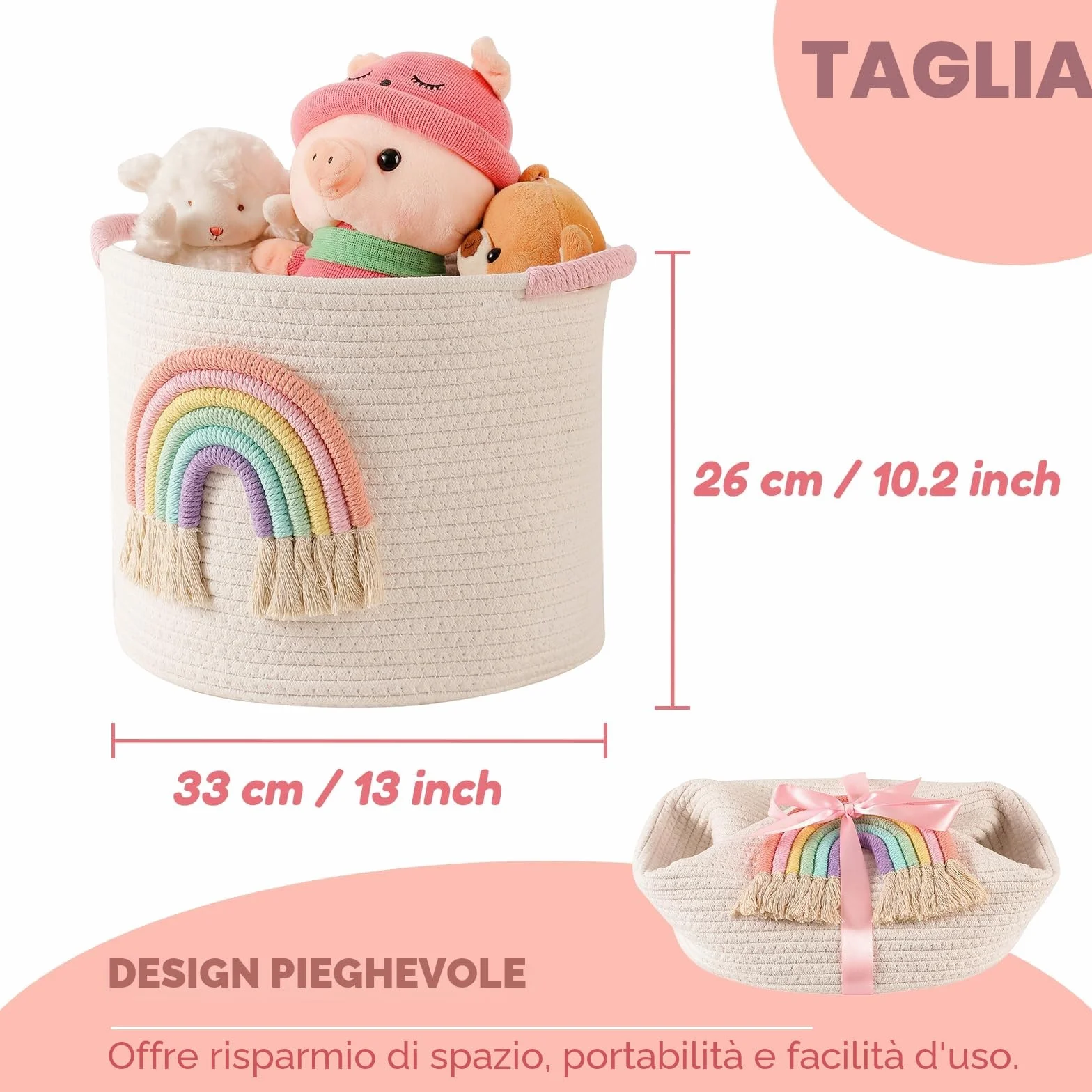 Cestini di immagazzinaggio dei giocattoli, cesto di stoccaggio in corda di cotone tessuto con decorazione arcobaleno per bambini, cestini per coperte, organizer per giocattoli, cestino arcobaleno per