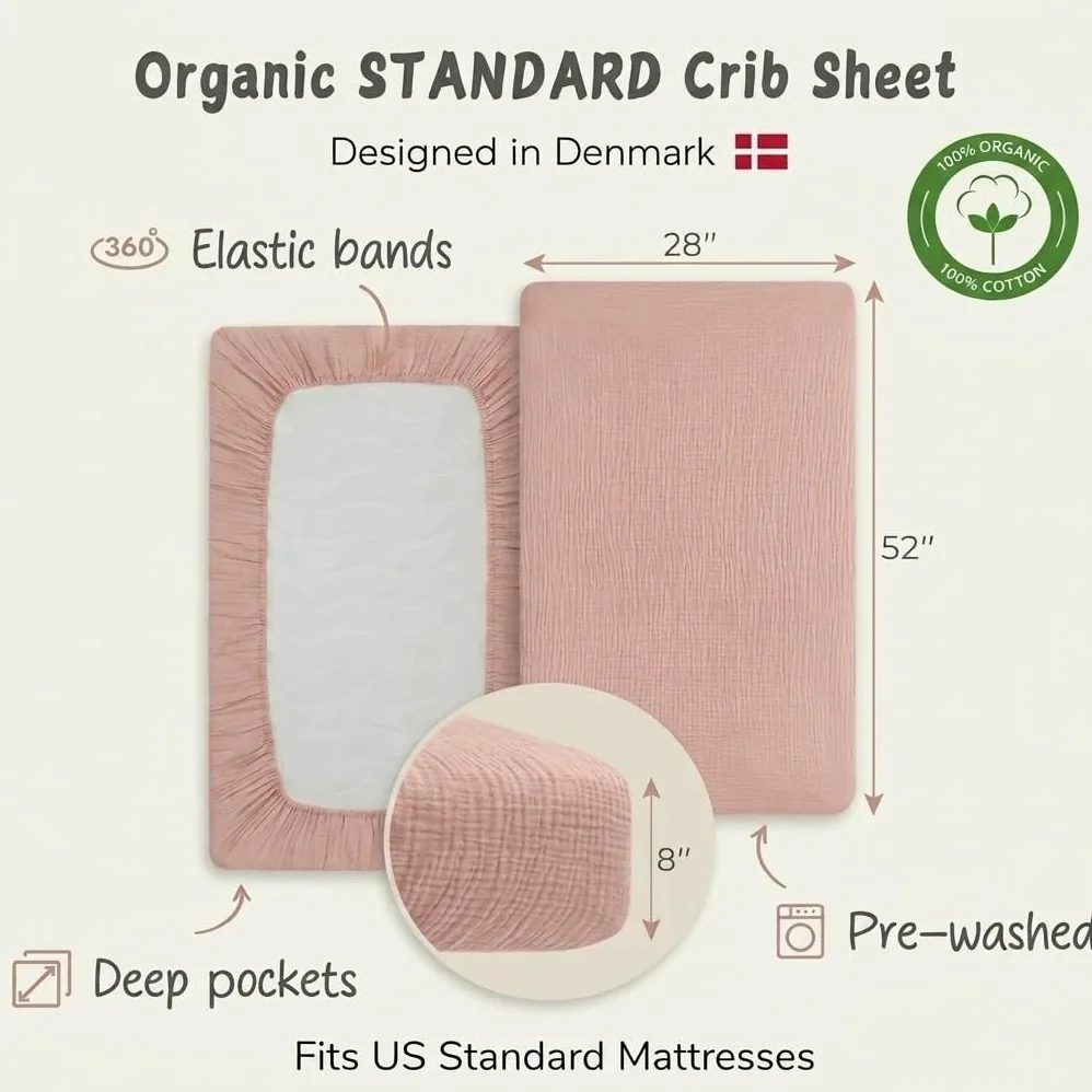 Danimarca - Lenzuola con angoli per culla in mussola super morbida, per ragazzi e ragazze, dimensioni standard per materasso per culla da 71 x 132 cm, 100% cotone biologico per il massimo
