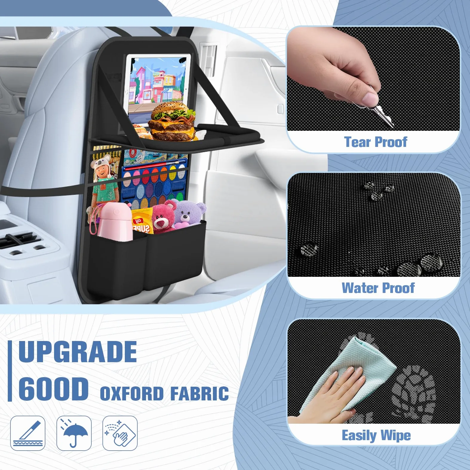 Organizer per sedile posteriore dell'auto con vassoio e 9 tasche portaoggetti per viaggi su strada, organizer per sedile posteriore, organizer per bottiglie, snack libri (1 confezione)