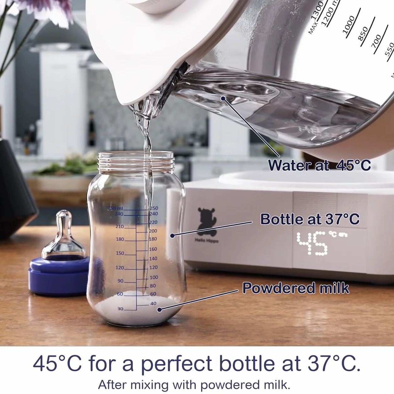 HELLO HIPPO® Bollitore Scaldabiberon 1300 mL in vetro - 800W basso consumo - Sterilizzatore per capezzoli - Mantiene il calore 24H - Temperatura regolabile da 45-100°C - Biberon, tè, cioccolato, caffè