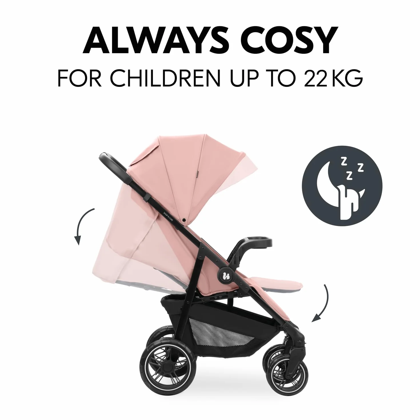 Hauck Shop N Care - Passeggino leggero (solo 8,5 kg) con vassoio per merenda, portabicchieri e parapioggia, compatto e pieghevole con una sola mano, completamente reclinabile dalla nascita fino a 22