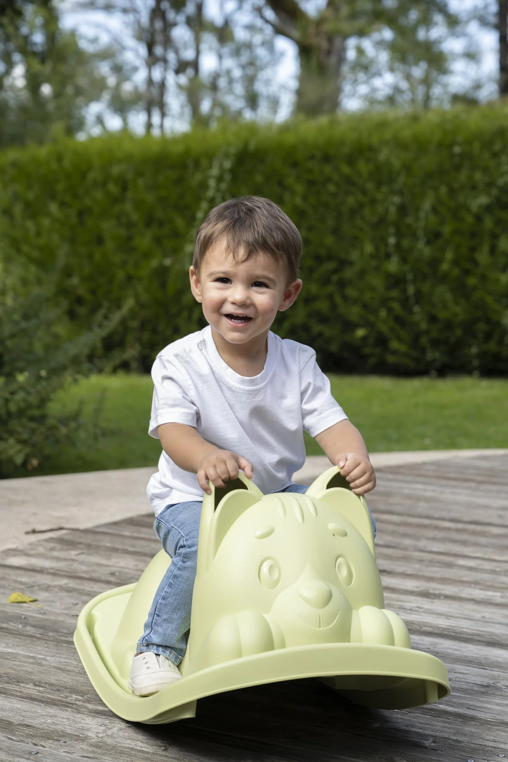 Smoby Life - Dondolo monoposto gatto Gatto, colore Verde, Seduta ergonomica, per bambini dai 18 mesi, con plastica Riciclata, 7600830108