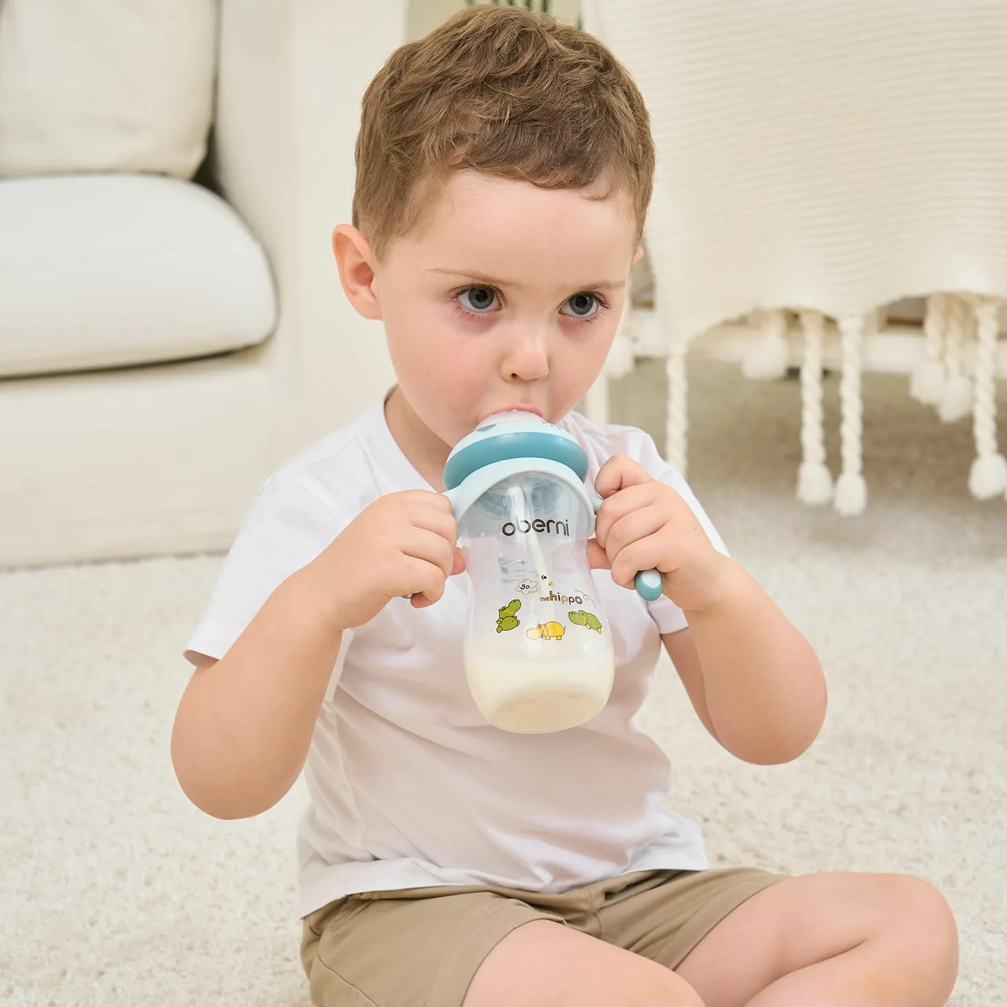 Oberni Biberon 330 ml, cannuccia ponderata, bottiglia per latte per bambini con tettarella variabile (misura +), a partire da 12 mesi, colore: rosa/2 pezzi