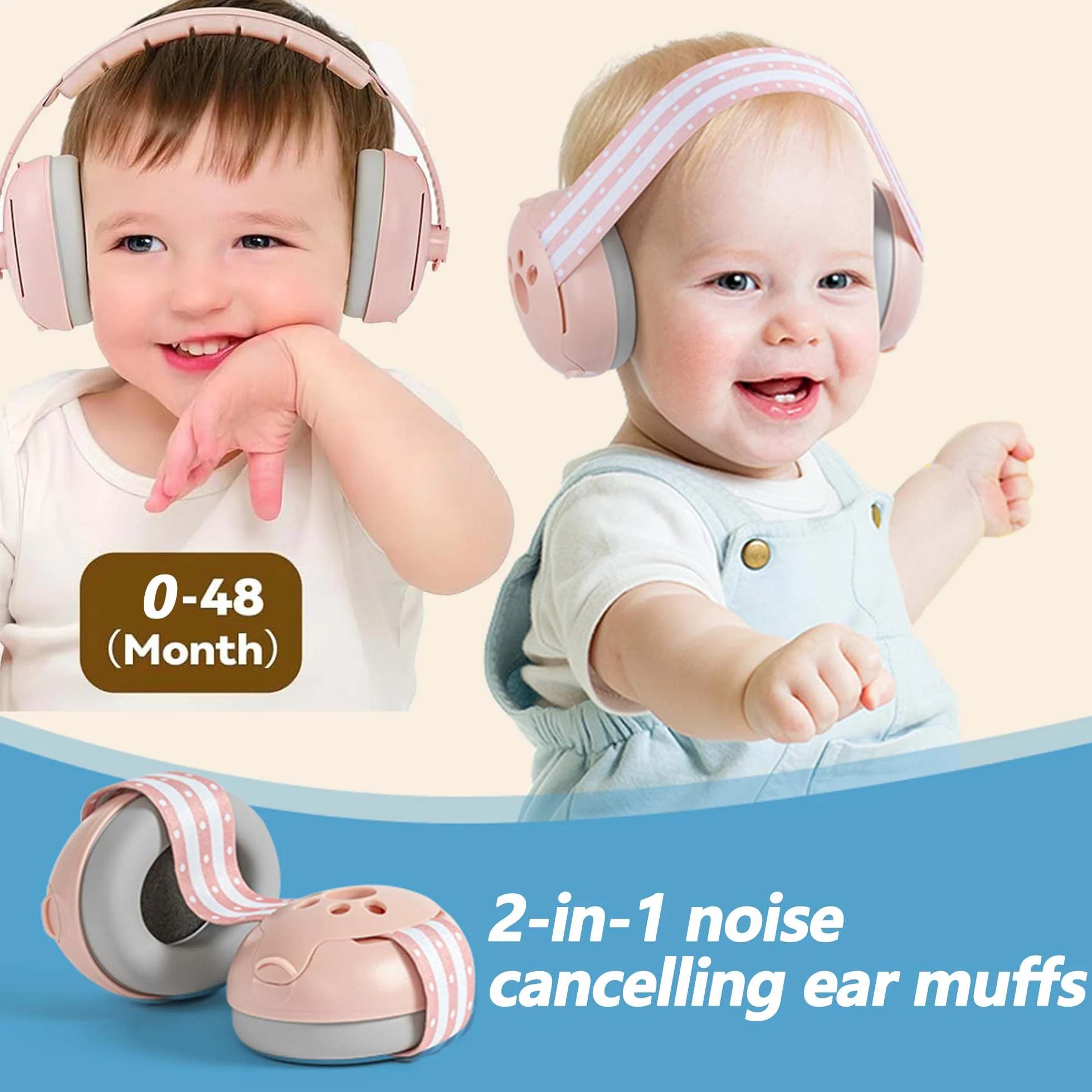 2 in 1 Cuffie Neonato Antirumore, 25db Caschi Antirumore Per Bambini-Cuffie Antirumore Per Bambini 0-4 Anni, Protettori Acustici Per Neonati, Antiscivolo E Antistress, Rosa