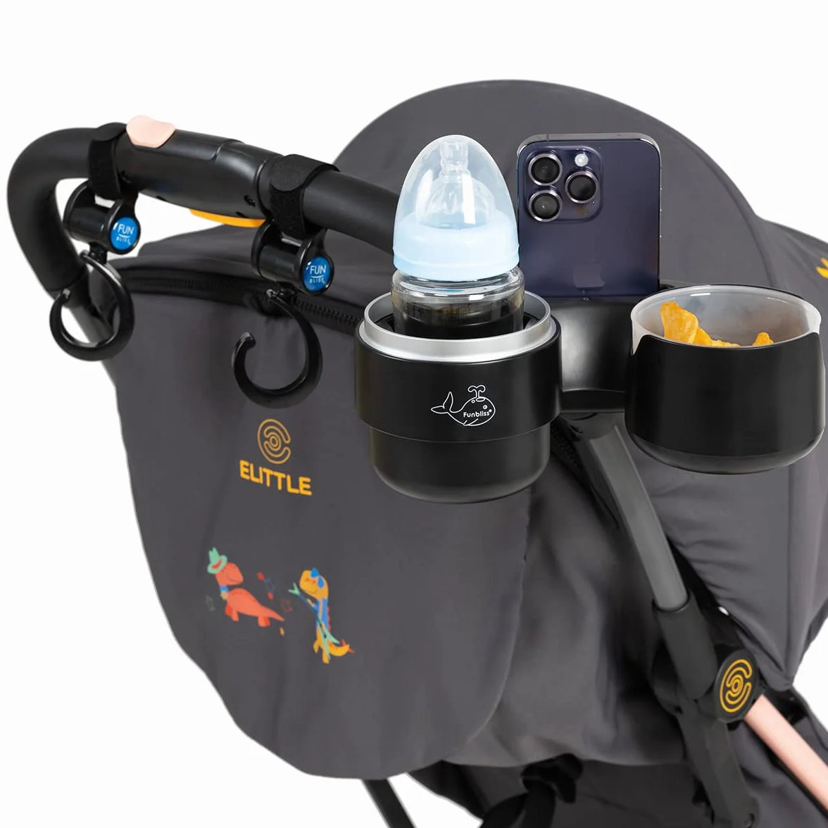 Portabicchieri per Passeggino,3 in 1 Vassoio per La Merenda Del Passeggino,Con 2 Ganci Per Passeggino e 1 Scatola Per La Raccolta di Snack Individuali，Con Supporto Per Telefono Cellulare