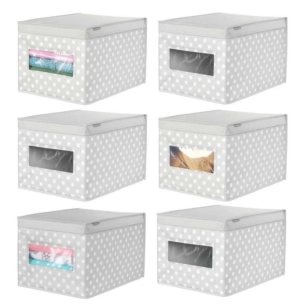 mDesign Set da 6 scatole portaoggetti impilabili con Finestra Trasparente – Box Grande con Coperchio per la Stanza dei Bimbi – Cesta per Vestiti in Fibra Sintetica a Pois – Grigio ianco