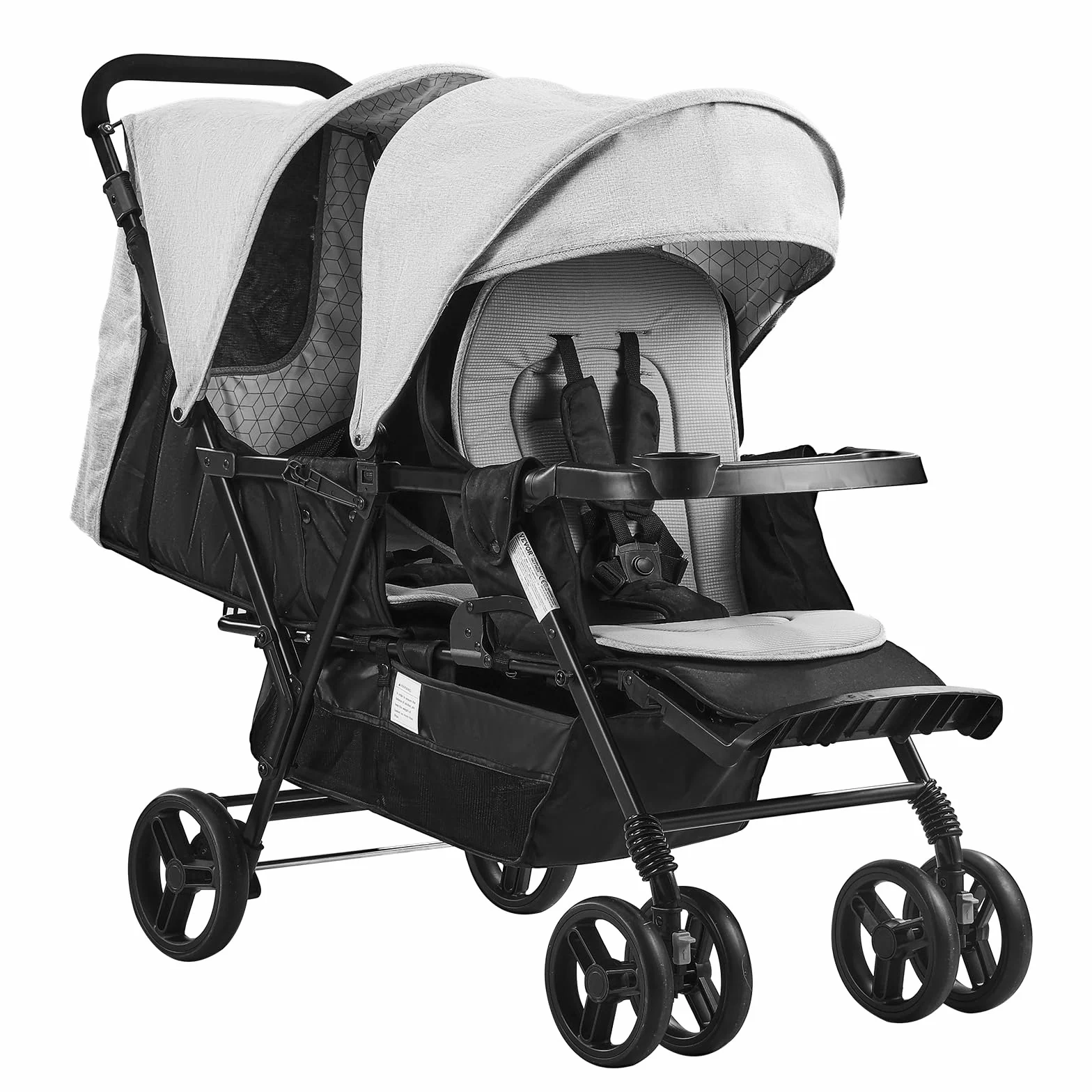 VEVOR Passeggino Doppio, Schienale/Poggiapiedi Regolabili, Passeggino Gemellare Pieghevole, Cintura di Sicurezza Avvolgente, Cestino Portaoggetti, per Neonati, Bambini Piccoli (Grigio Chiaro, Nero)