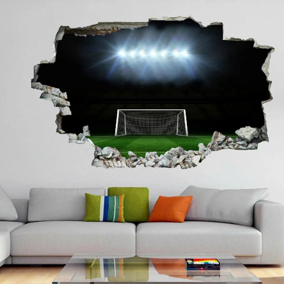 Adesivi Murali Murales Fracassati 3D Campo Da Calcio Decalcomanie Per Pavimenti In Impermeabile Art Gli Sport Per La Camera Da Letto, La Decorazione Della Parete Della Scuola Materna 120x80cm