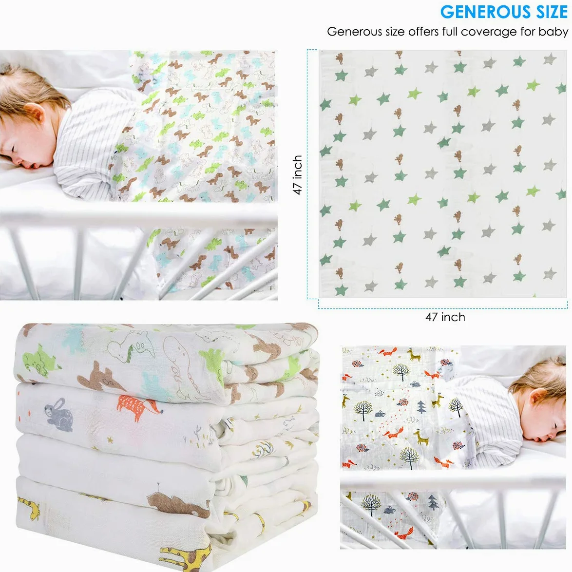 4 pz/Lotto Mussola Bambino Swaddle Coperte Neonato Ricezione Coperte Avvolgere per Ragazzi Ragazze 47 x 47 Pollici (#C)