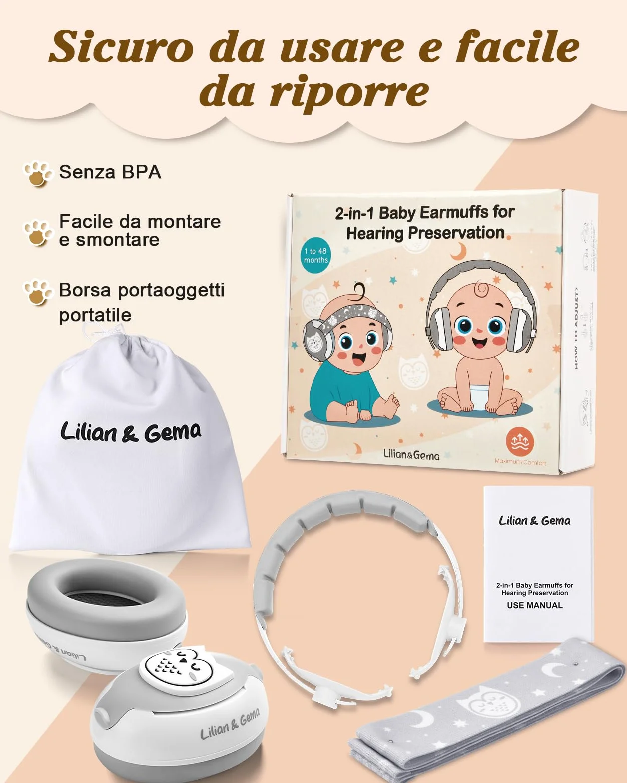 Lilian&Gema 2 in 1 Cuffie Neonato Antirumore -25dB,Protettori acustici per neonati, archetto regolabile, antiscivolo e antistress, protezione acustica ideale per neonati fino a 48 mesi