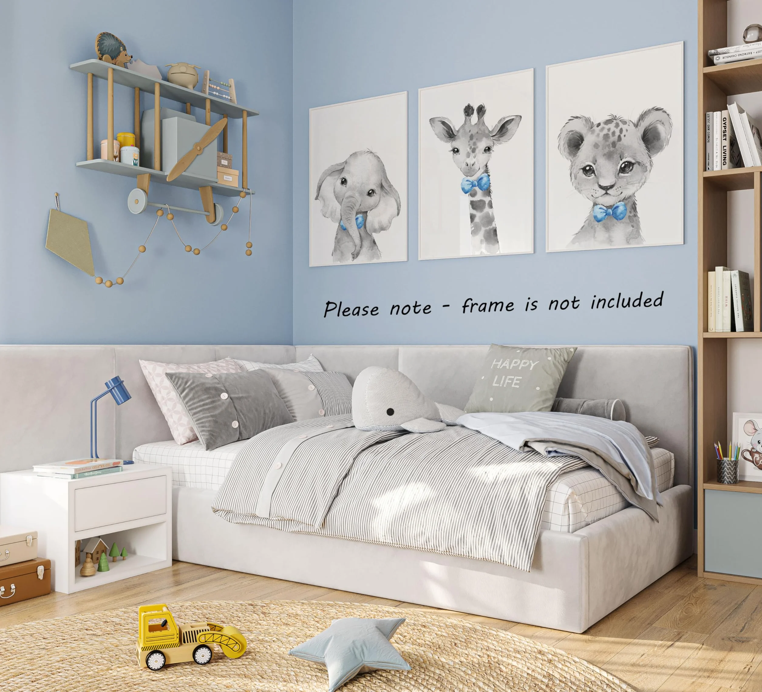 Eviepops Prints Set di 3 Stampe Safari Cameretta Bambini, Poster Animali Elefante Leone Giraffa con Fiocchi Azzurri, Senza Cornice, Decorazione Parete, Idea Regalo Neonato(A3)