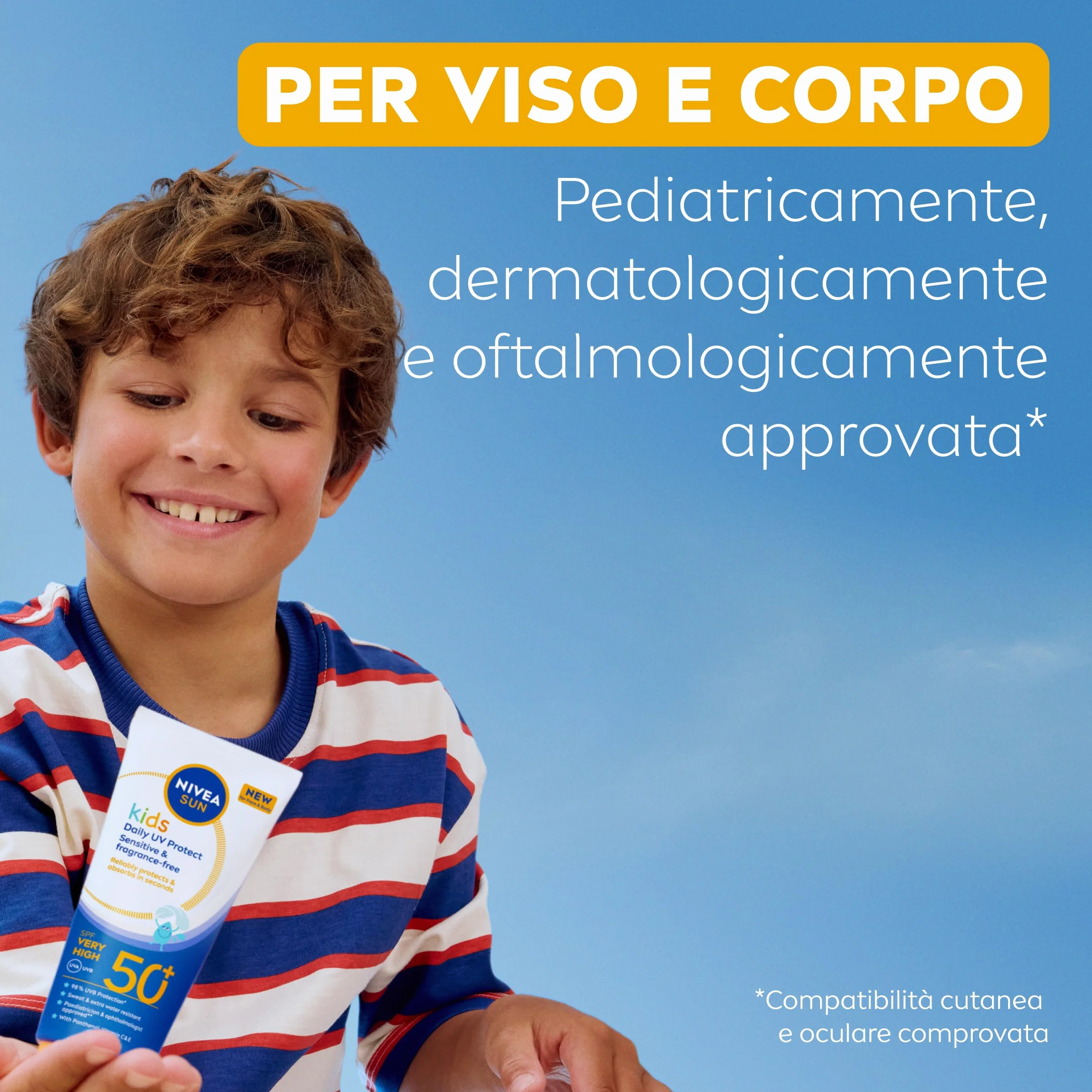 NIVEA SUN Kids Protezione UV Quotidiana SPF 50+ 100 ml, Crema solare 50 bambini per viso e corpo, Protezione solare 50 bambini extra resistente all'acqua, Per pelli sensibili, Senza profumo
