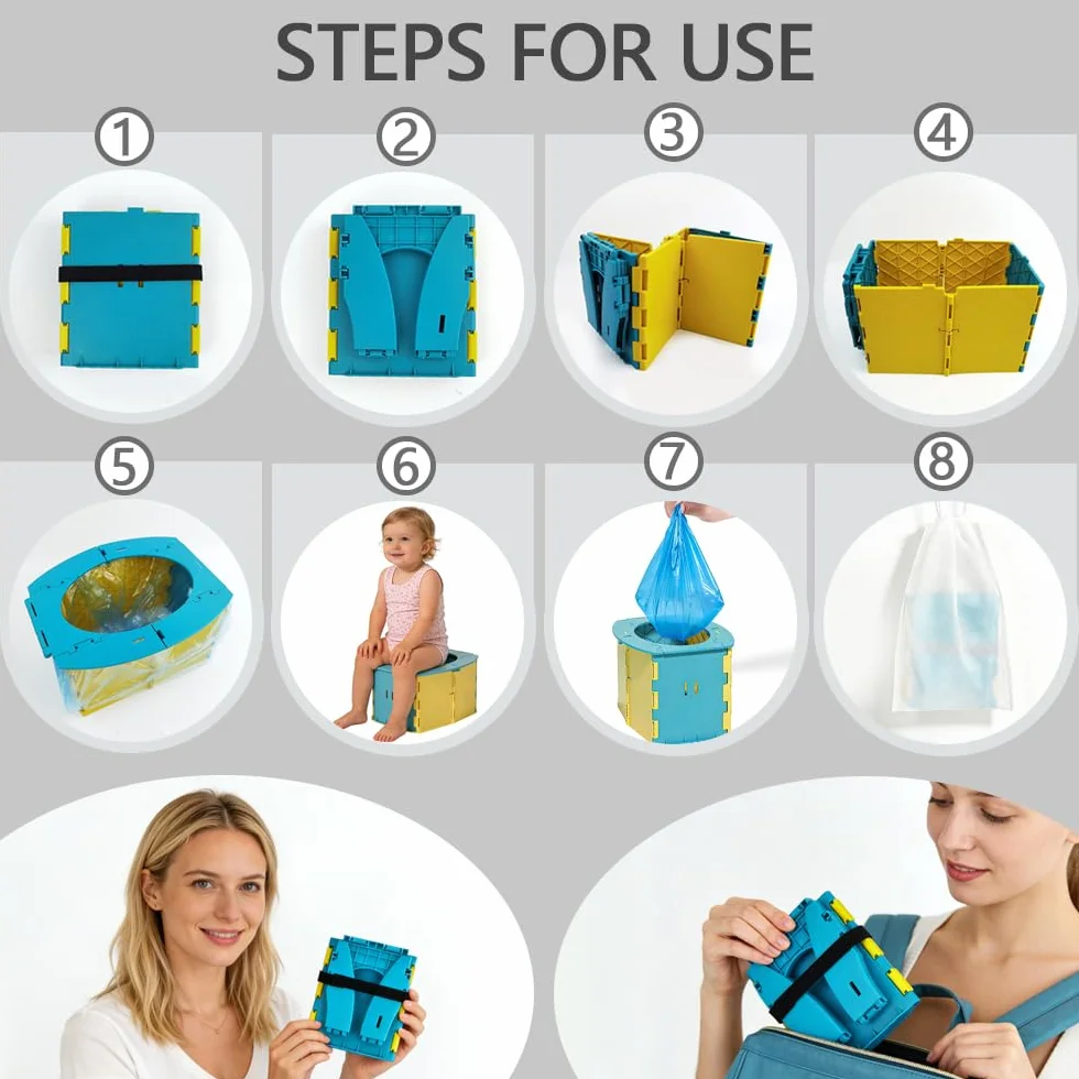 Toilette per Bambini Portatile，Vasino da viaggio per bambini Sedile WC pieghevole con 10 borse usa e getta，Allenamento vasino per Interni ed Esterni