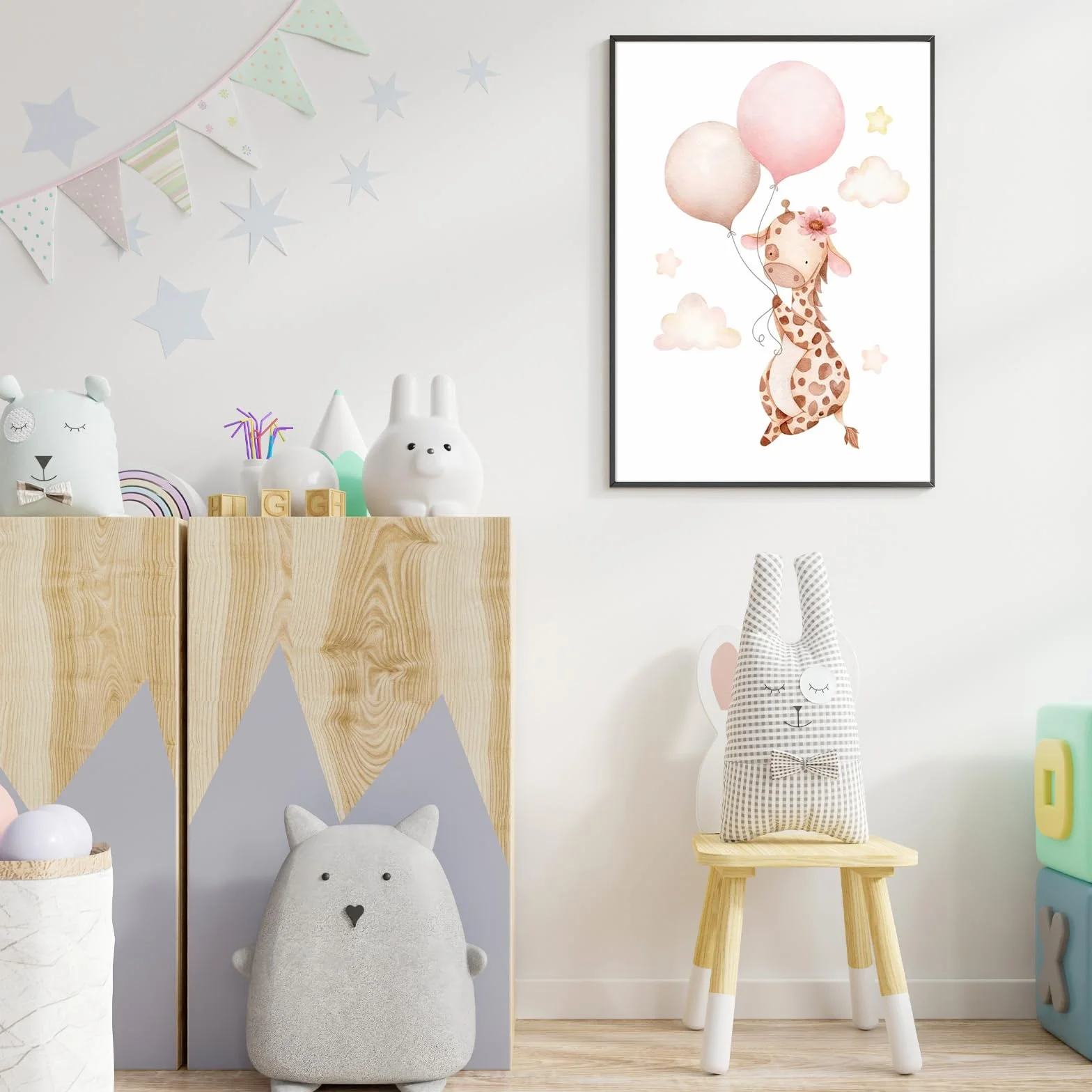 Eclove Set di 4 Poster per Cameretta Bambini - Animali ad Acquerello con Volpe Rosa & Giraffa, Decorazione Murale per Nursery e Cameretta di Bambina, Senza Cornice (21x30 cm A4)