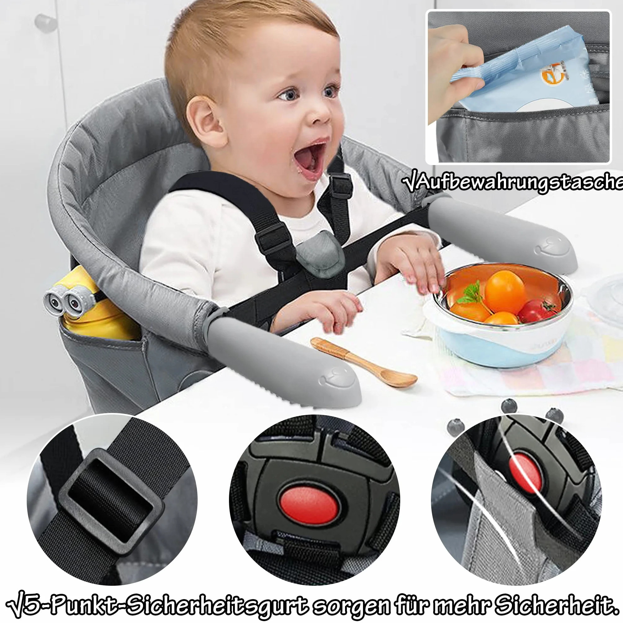 LZQ Seggiolino da tavolo per bambini da 6 a 36 mesi, pieghevole, per tavoli da 2 a 8 cm di spessore (grigio)