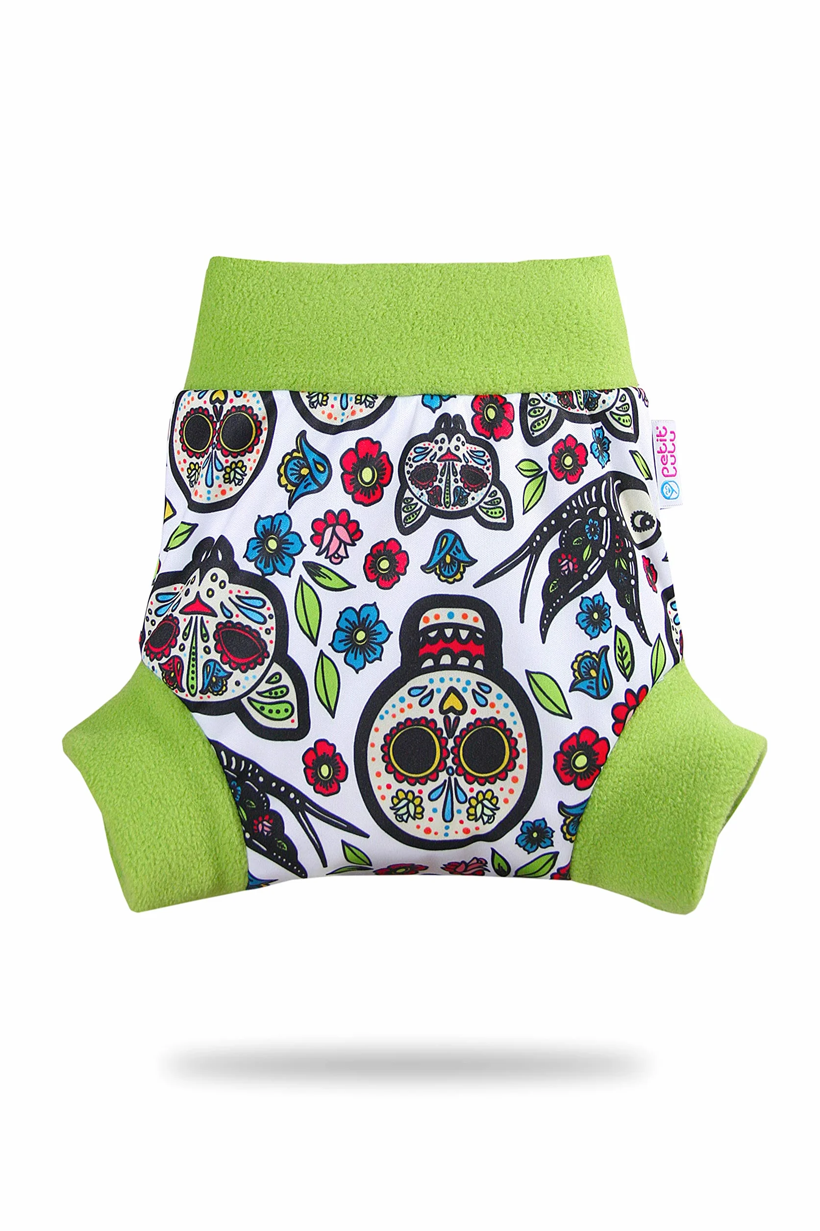 Pull Up Cover Petit Lulu | Taglia L | Con Bordi In Pile | Riutilizzabile e lavabile | Pannolini lavabili | Pannolino di stoffa | Prodotto in Europa (Mexican Skulls (on white))