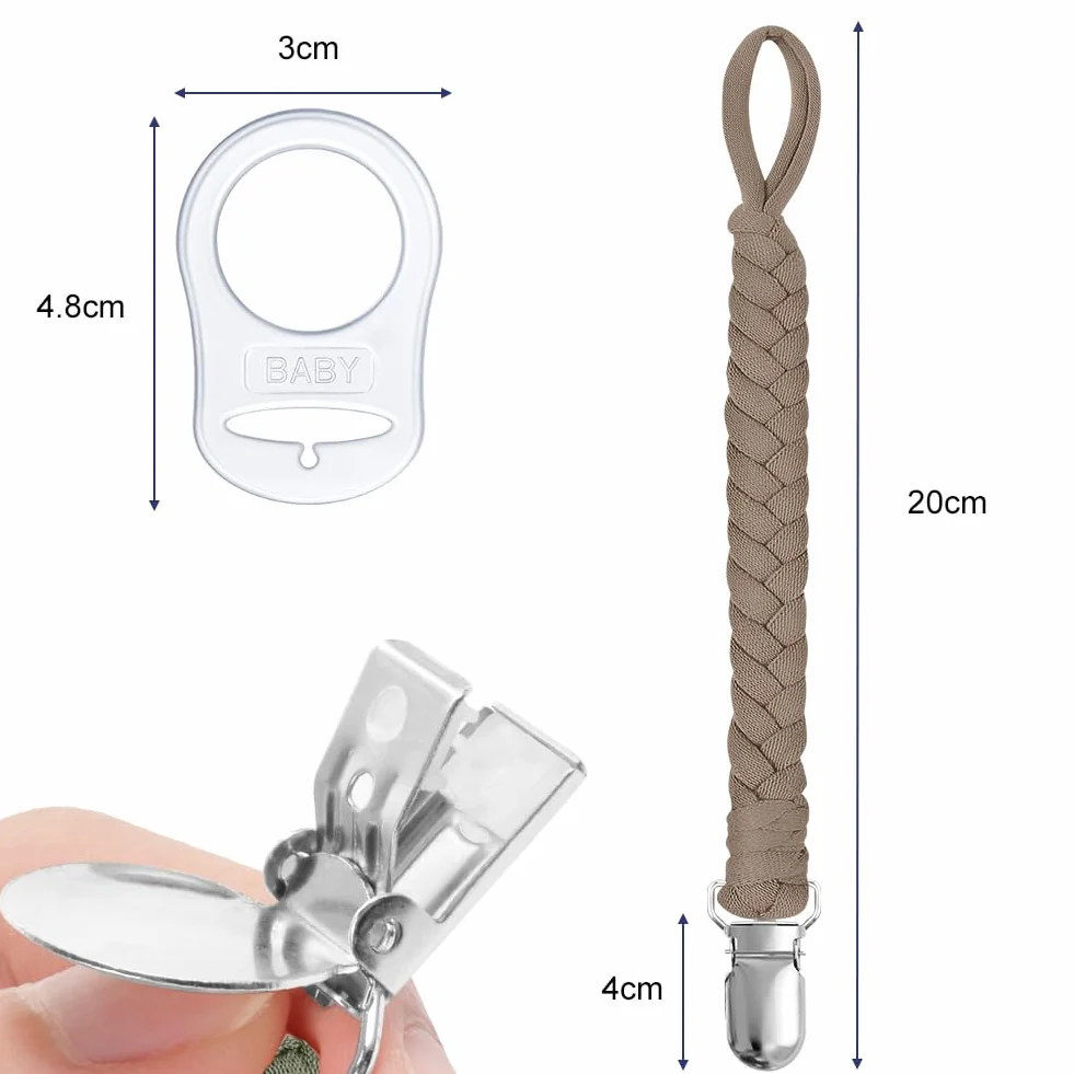 Aolso Catenella Portaciuccio, 4 Pezzi Catenella Ciuccio con 4 Pezzi Anello Adattatore Clip, Stile intrecciato Catena per Ciuccio in Cotone, per Regalo Nascita Battesimo Baby Compleanno Natale-marrone