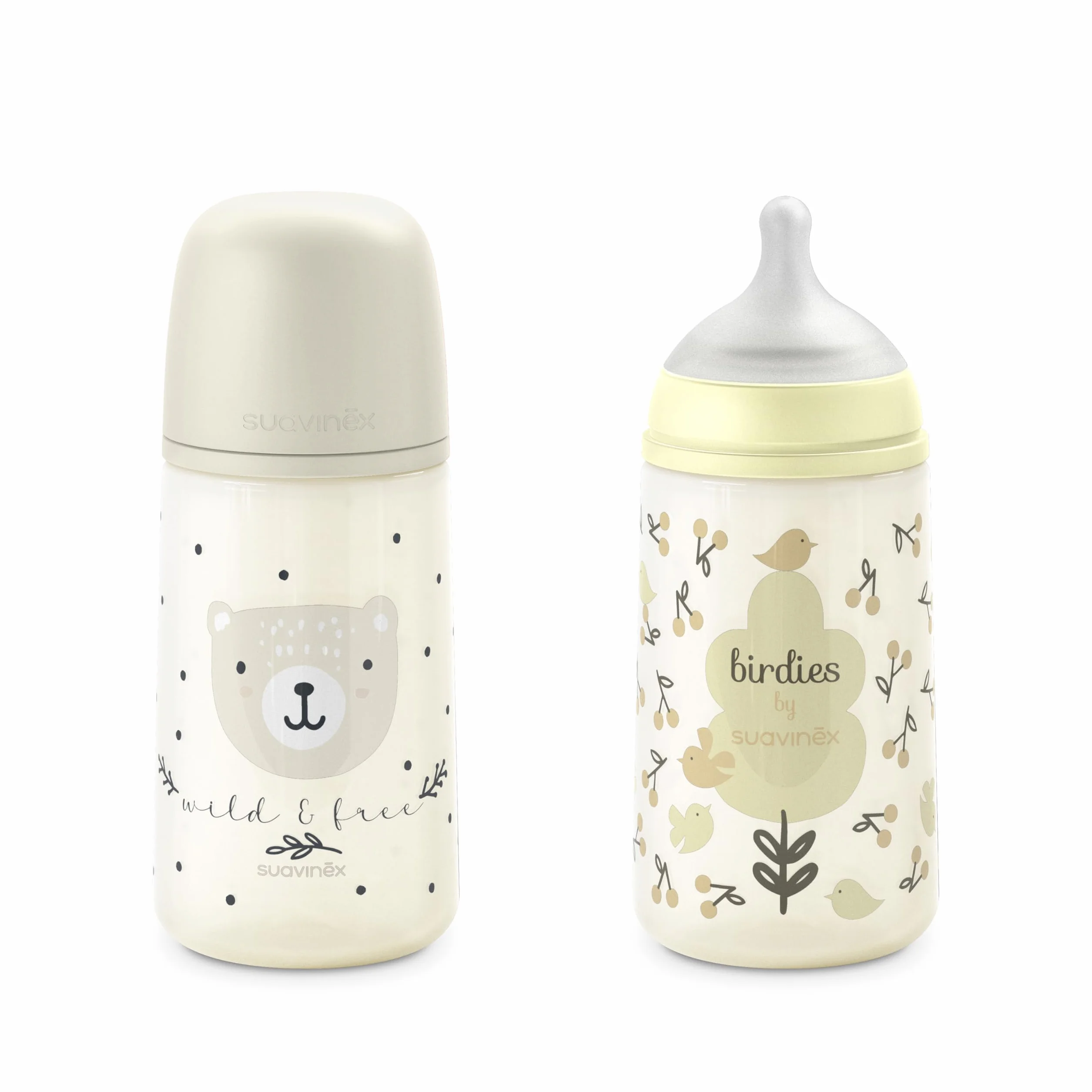 Suavinex, Confezione 2 Biberon da 270 ml, Tettarella Simmetrica SX Pro in Silicone con Valvola Anticolica, Flusso Medio, Liquido Densità Media, Latte, Succhi, Acqua. ​+3 Mesi.Birdies, Wild&Free, Beige