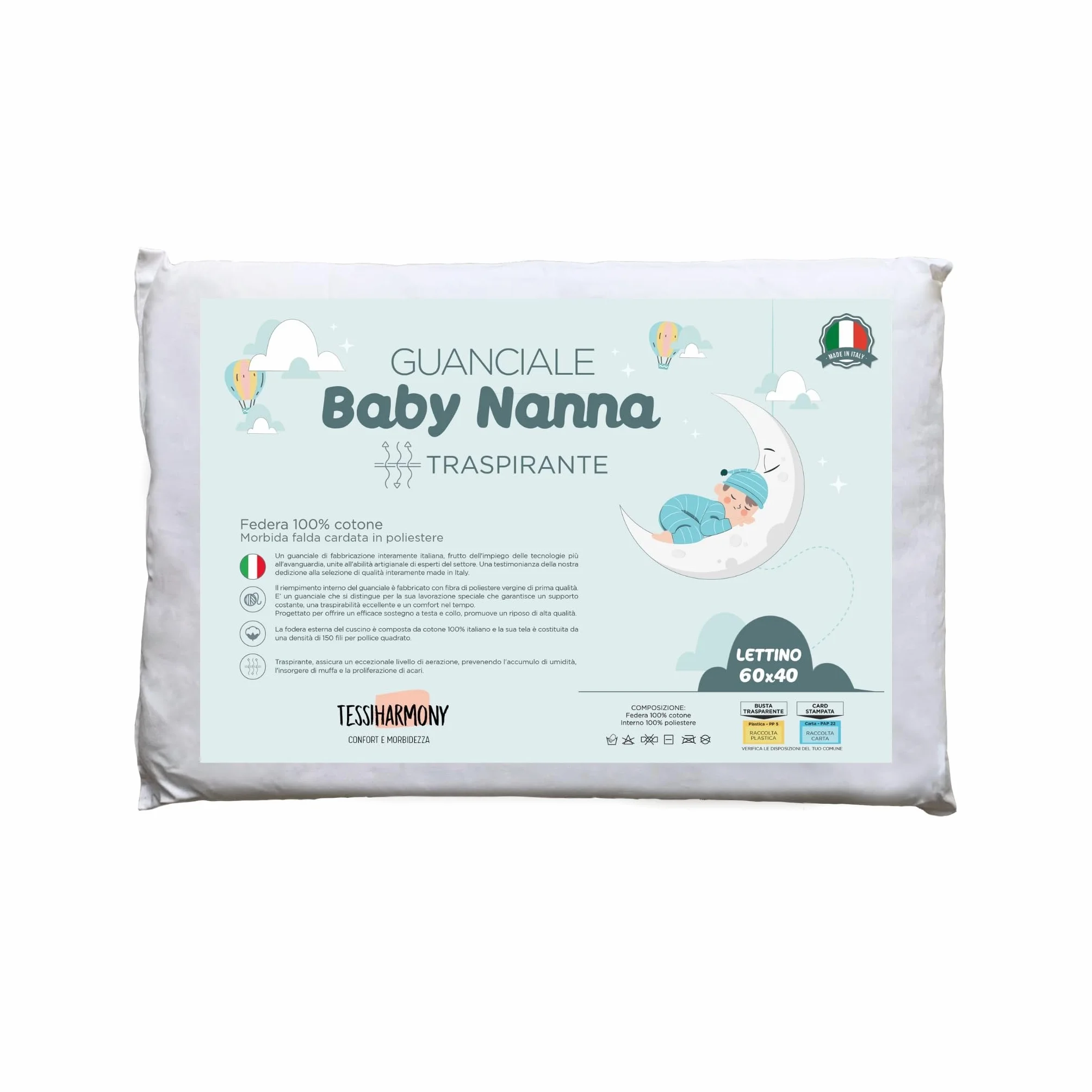 tessiharmony - Cuscino Lettino Bambino 60x40 cm 100% Cotone Guanciale Letto Culla Antiacaro Anallergico Traspirante Morbido 1 2 3 4 Anni Alto 4 cm Made in Italy