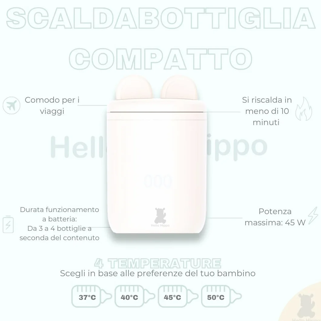 Hello Hippo - Scaldabiberon compatto e portatile: USB-C ricaricabile, anti-perdita, compatibile con Philips Avent, MAM, NUK | 4 temperature regolabili | Riscaldamento rapido ed efficiente