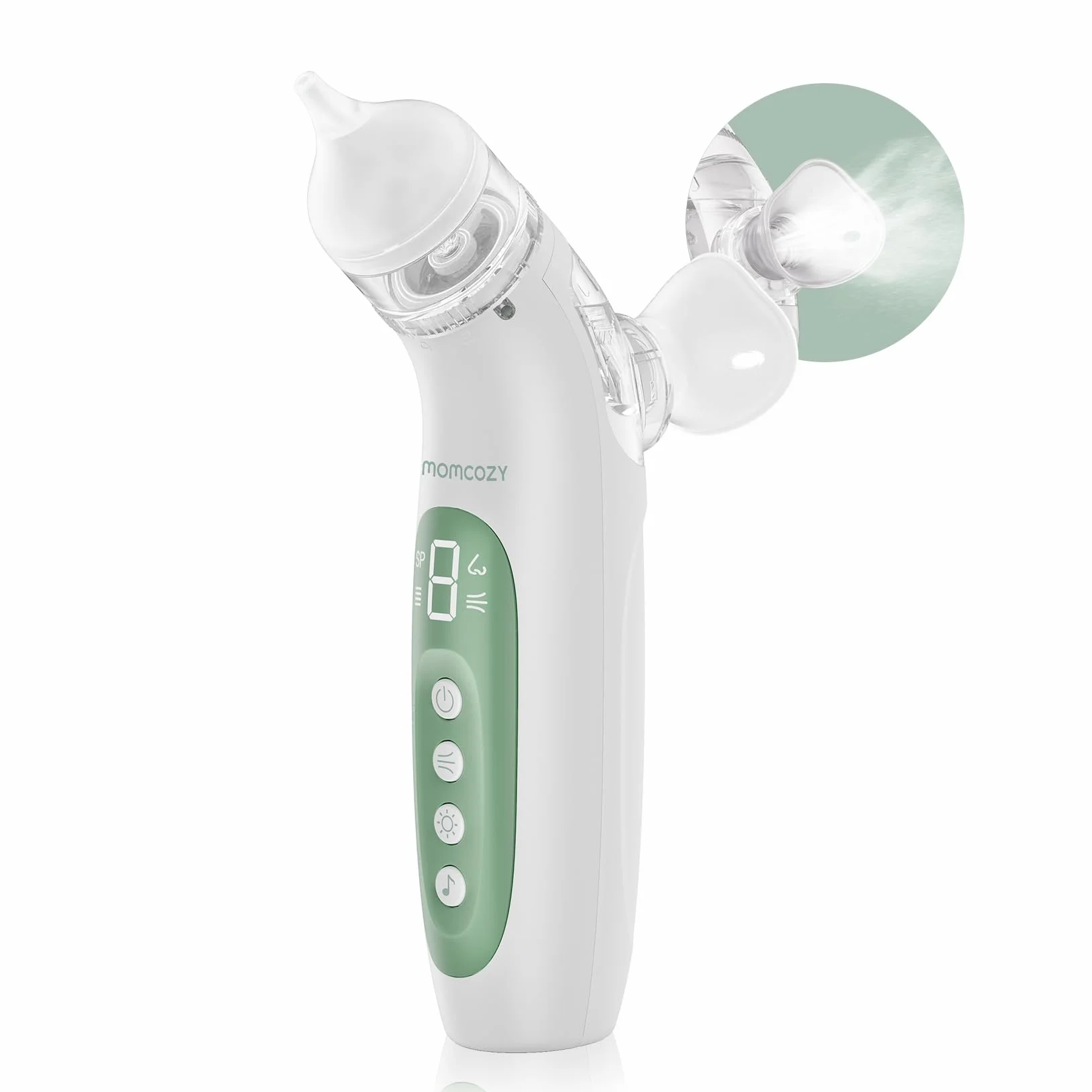 Momcozy BreezyClea Aspiratore Nasale Neonato Elettrico 2 in 1 con Spray, Aspirazione 65 kPa di Grado Ospedaliero, 4 Livelli Regolabili, Silenzioso e Portatile, Luce e Musica Calmanti