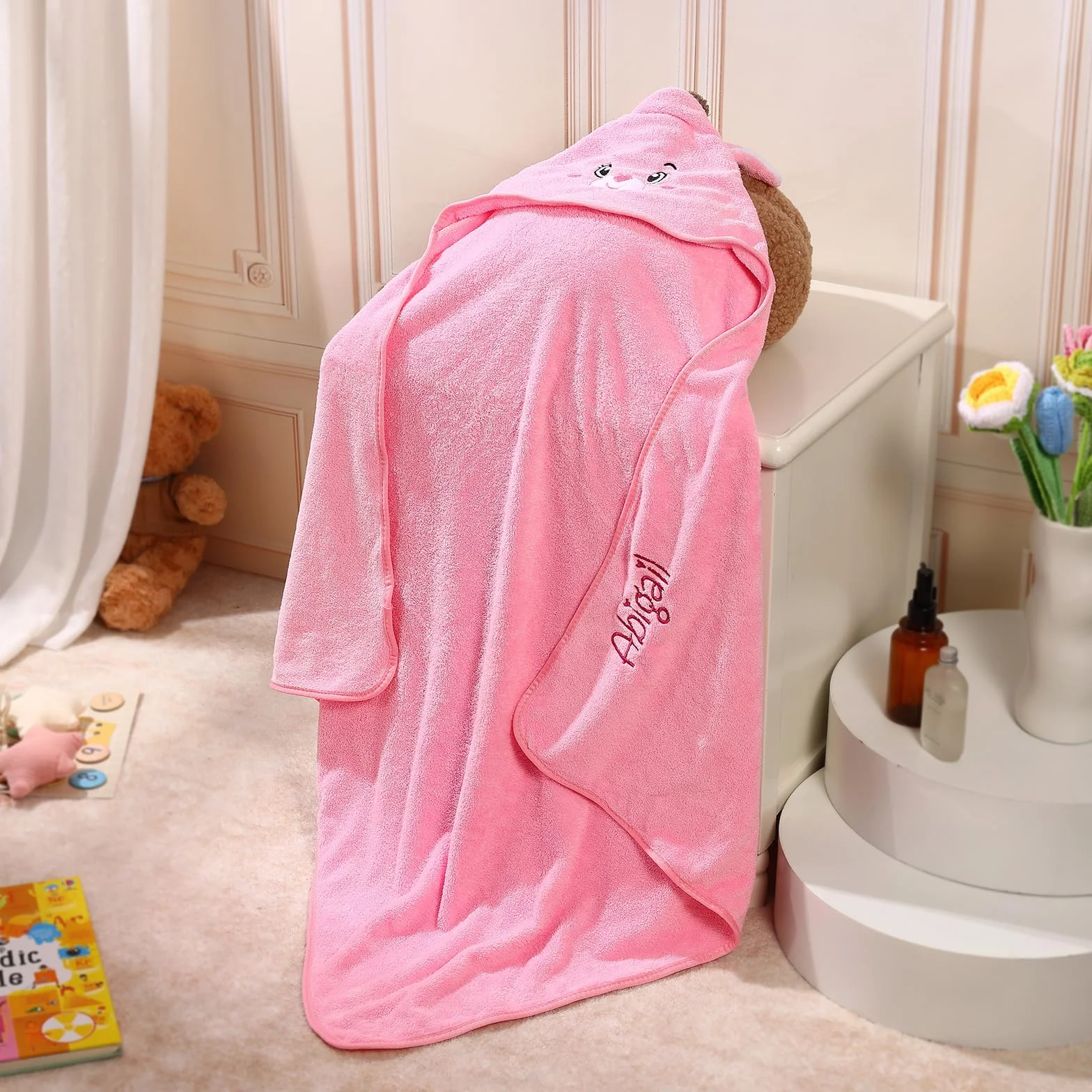 Accappatoio Neonato Personalizzato con Nome Asciugamano Neonato Bagnetto con Cappuccio Morbido e Confortevole per Bambina Regalo Neonata Femmina, Nascita Bimba (Rosa)