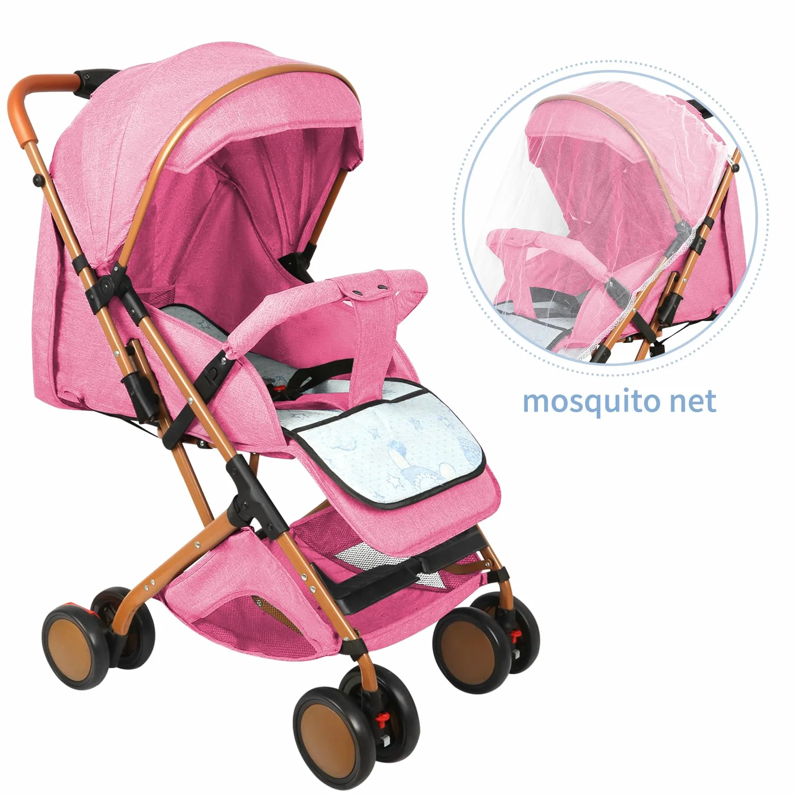 Passeggino Canne leggero e compatto, regolazione dello schienale fino alla posizione sdraiata, 45x71x98 cm, seduto/sdraio/spingere/tirare, zanzariera in cotone rosa