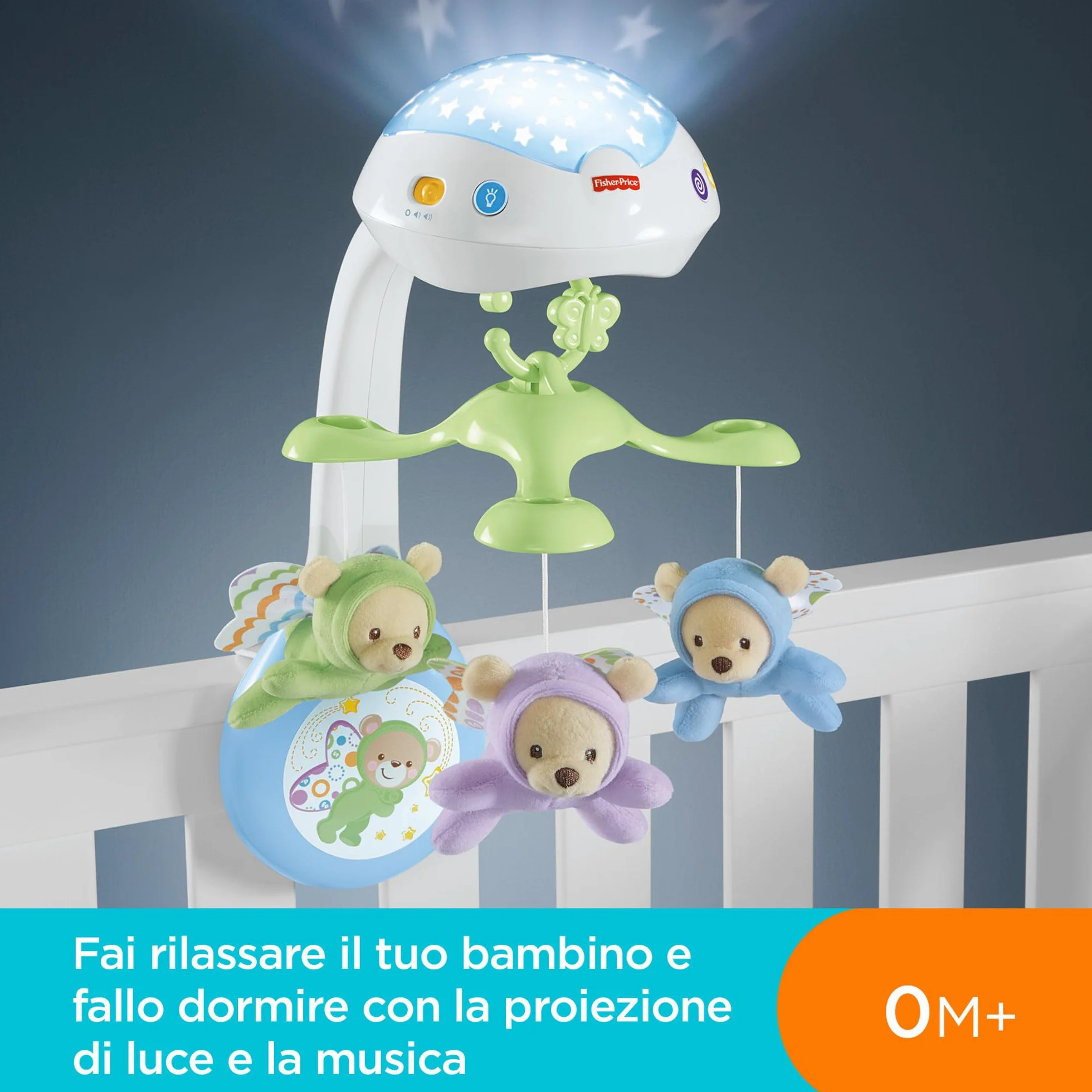 Fisher-Price - La Giostrina Degli Orsetti, giostrina motorizzata con la proiezione di luci stellate e tre modalità sonore calmanti, segue le fasi di crescita del bambino, per bimbi da 0+ mesi, CDN41