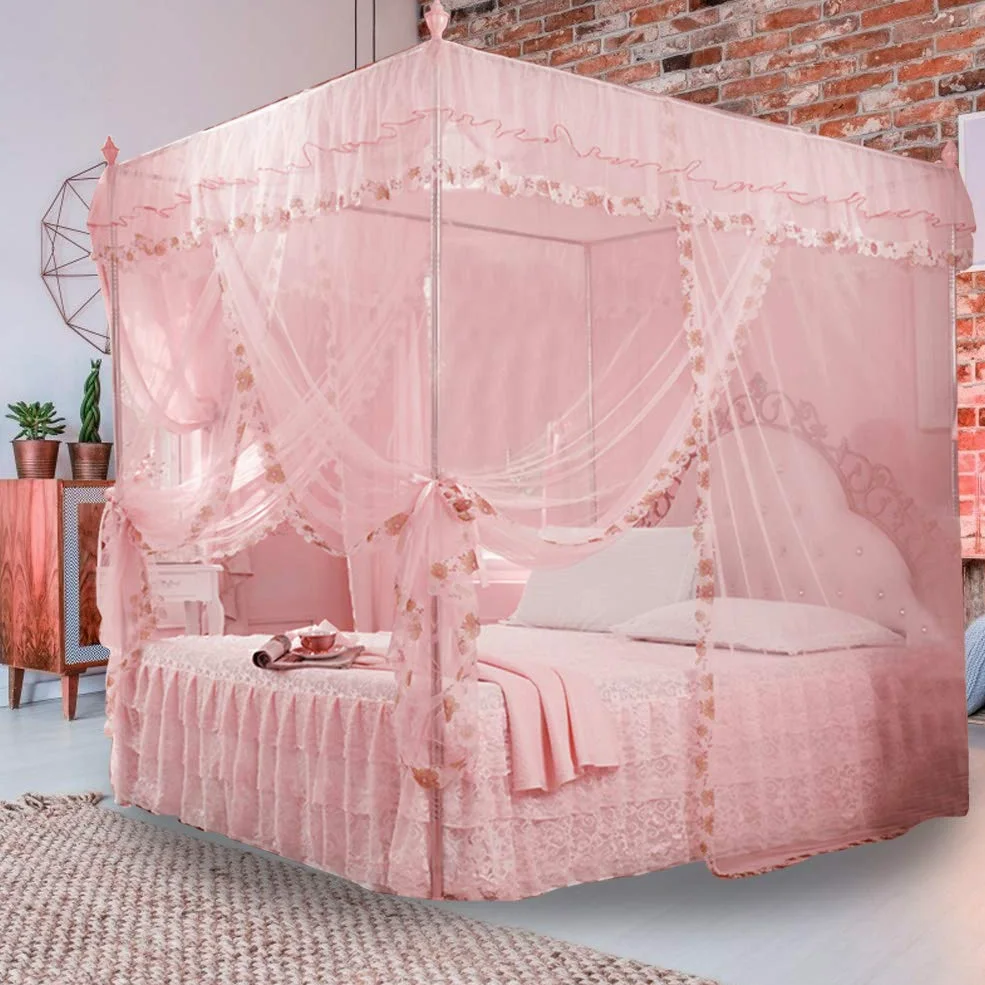 EBTOOLS Zanzariera Letto, Zanzariera Baldacchino Pieghevole Universale in Pizzo Principessa per Letto Matrimoniale, 120x200x200cm, Rosa