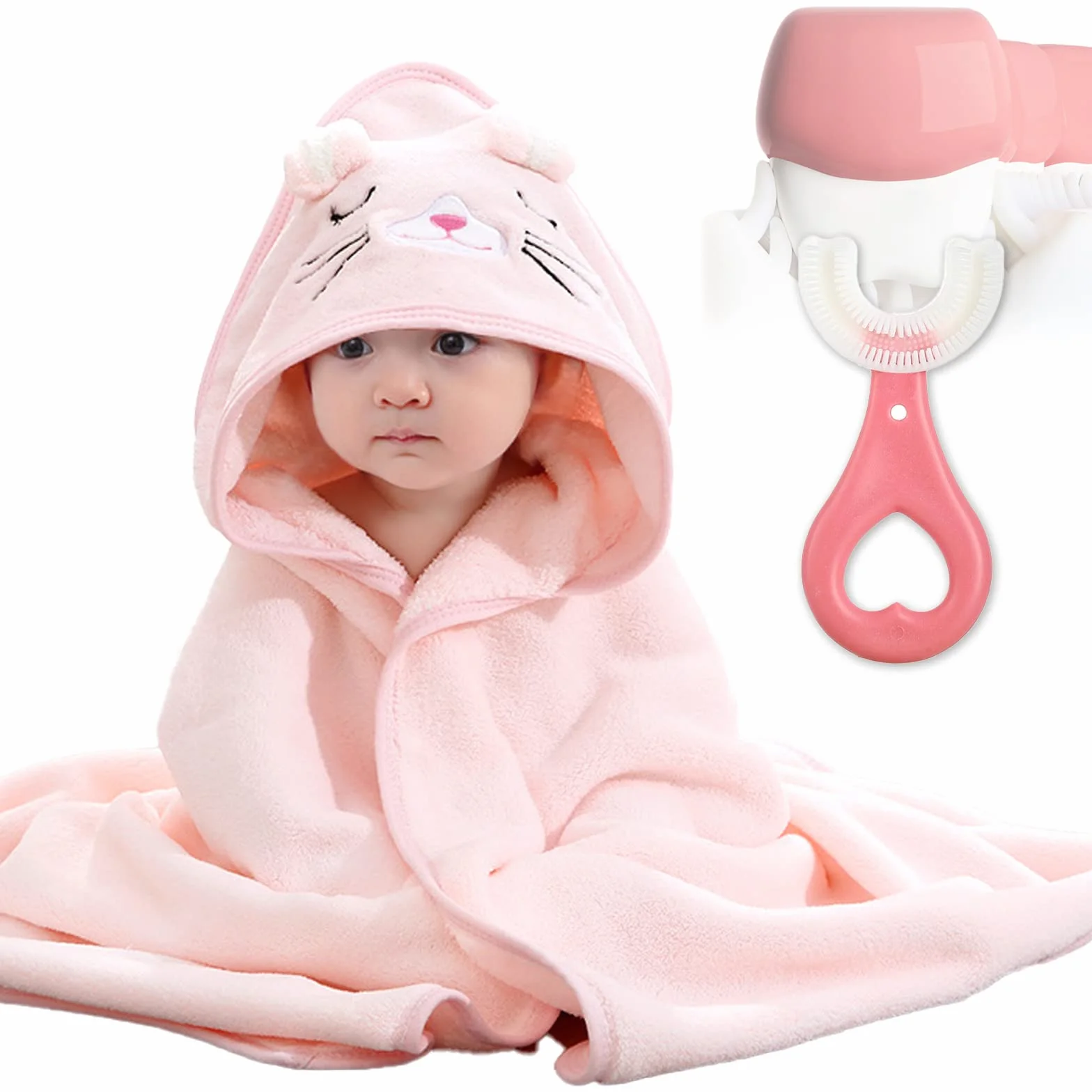 DKDDSSS 2PCS Asciugamano Neonato, Asciugamani Con Cappuccio Per Bambini, Set Asciugamano per Bambini con Orecchie Carine, Super Assorbente e Lavabile, Per Regalo Bimbo, Pink