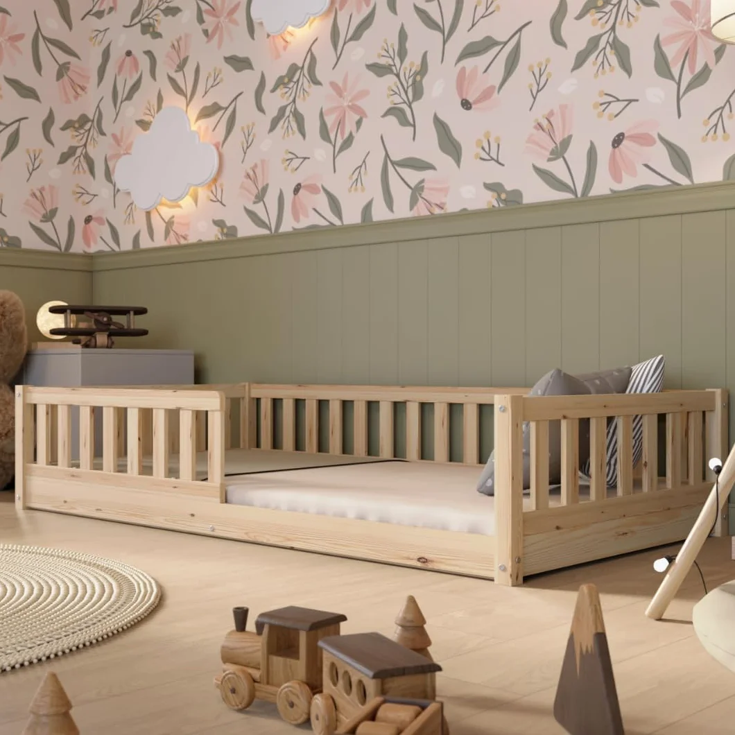 Letto per Bambini 190x90 cm – Letto Montessori a Pavimento in Legno Massiccio con Barriera – Sicuro per Bambini Piccoli – Design Scandinavo - Crazy Basic