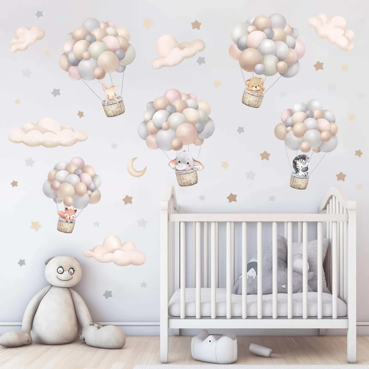wondever Adesivi Murali Palloncini Animali Sticker da Muro Elefante Coniglio Orso Nuvole Adesivi da Parete per Asilo Nido Camerette Bambini Camera Ragazza