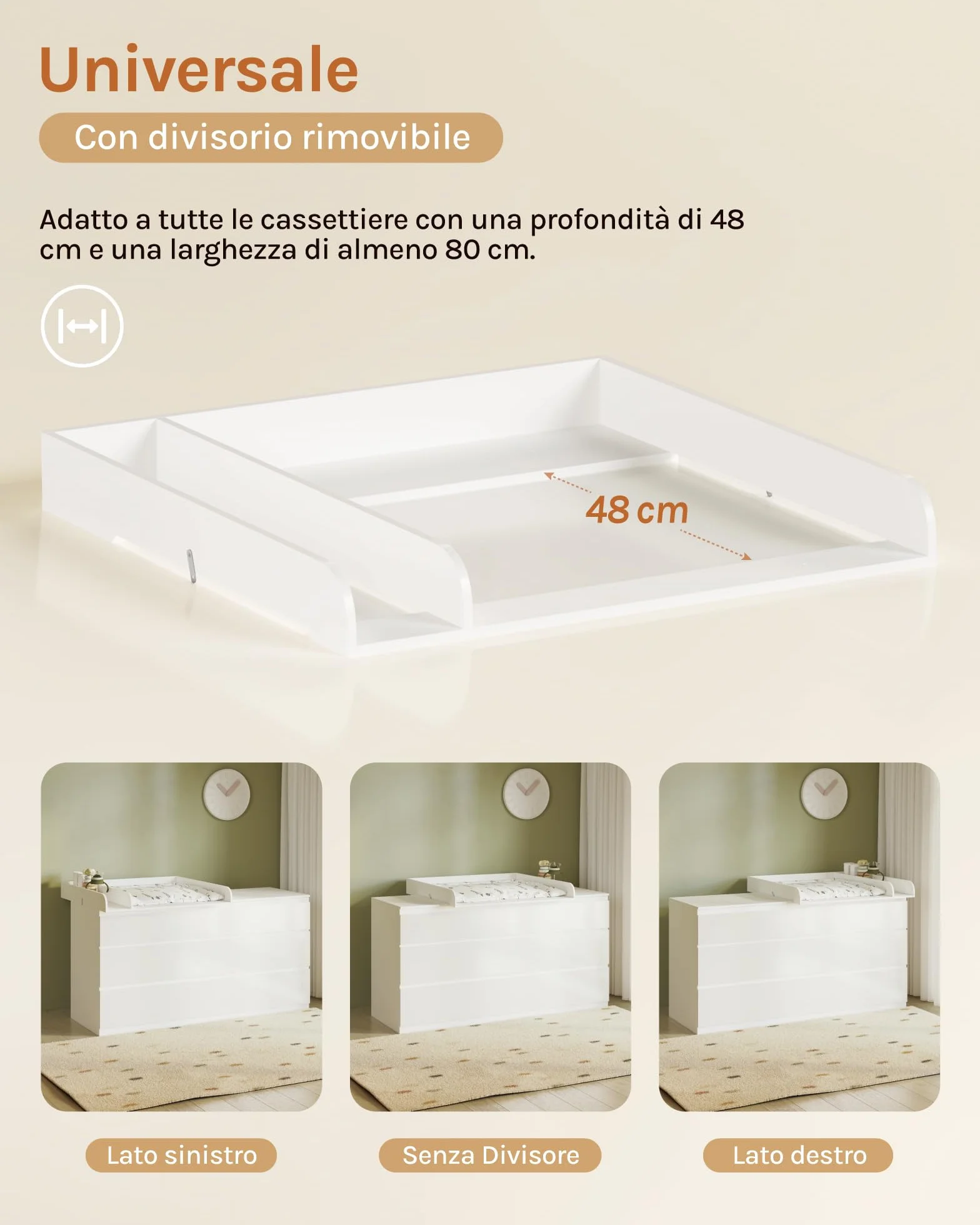 WOLTU Fasciatoio per Cassettiera Universale, Piano Fasciatoio con Divisorio Rimovibile, Fissaggio Sicuro con Pezzi Metallici, in MDF, Bianco