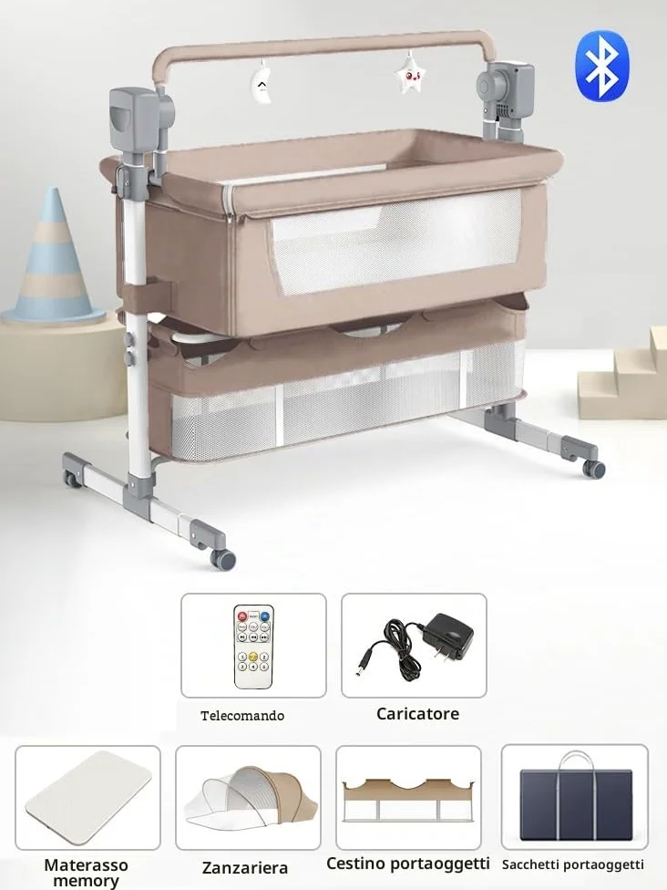 Magic ZC Elettrico Bluetooth Intelligente Culla Neonato Next to me, Convertibile Culla Co-sleeping, Telecomando e 5 Ingranaggi Oscillanti, Pieghevole Neonato Fianco Letto con Musica (601 Beige)