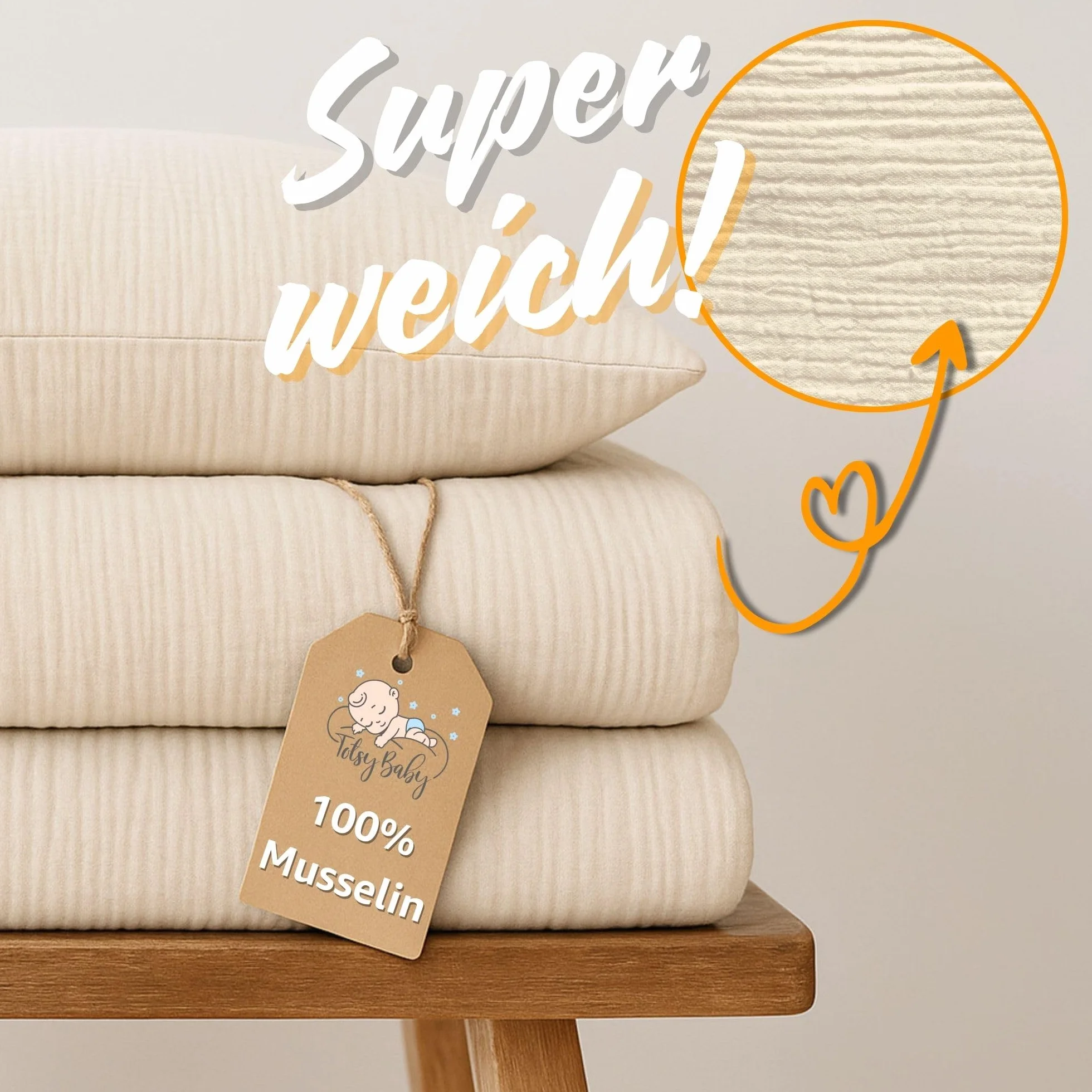 Totsy Baby mussola Copripiumino lettino neonato 100x135cm - Cotone parure di copripiumini per culla Set lenzuolo per piumino Beige chiaro con federe 60 x 40 cm certificazione Oeko-Tex